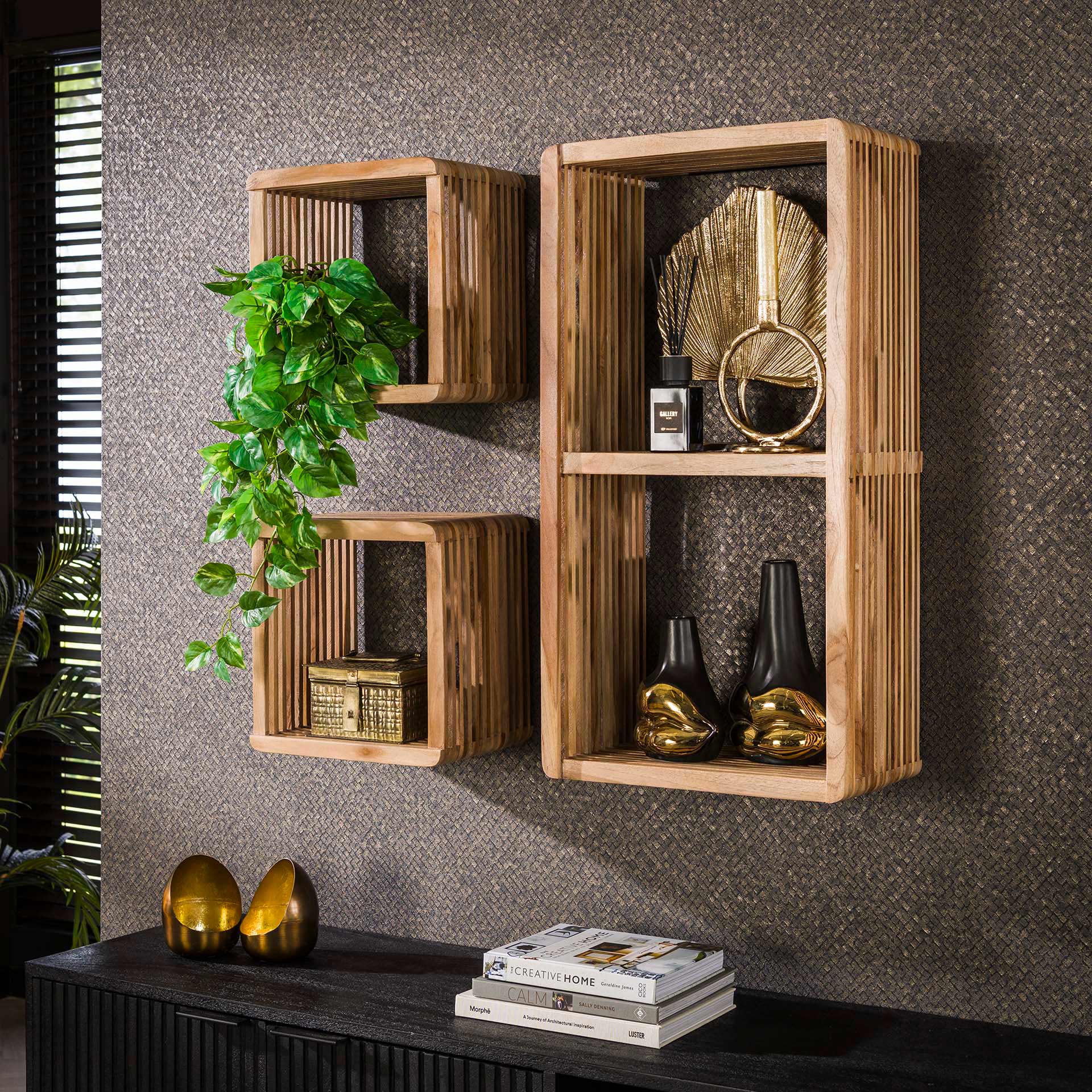 Wandschap Gina - Bruin - Teakhout - Set van 3