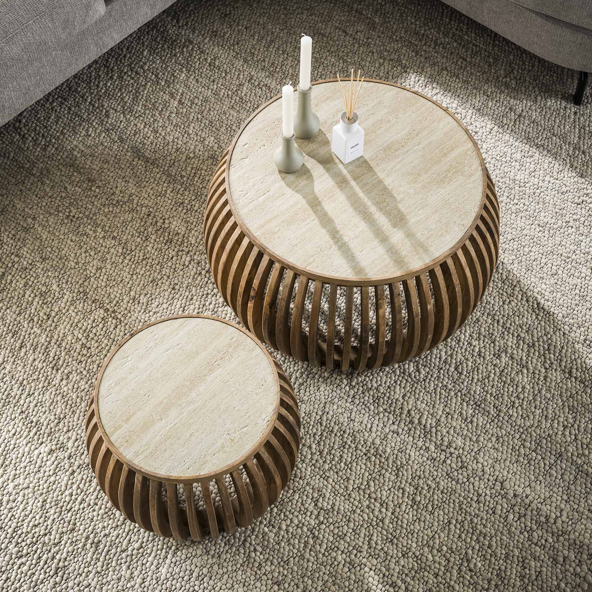 Salontafel Linoa - Rond - Keramisch Travertin - Set van 2