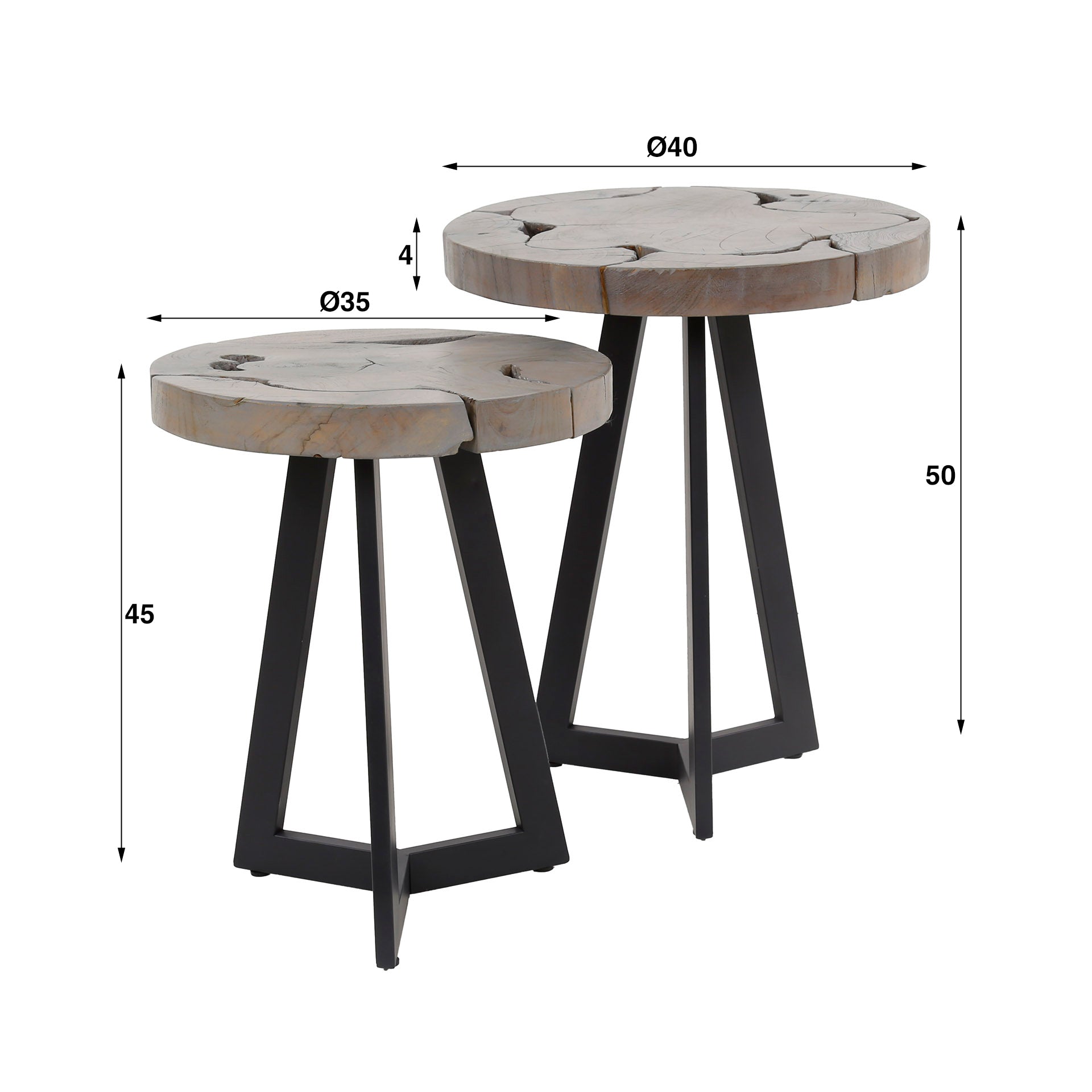Bijzettafel Josh - Grijs - Teakhout - Set van 2