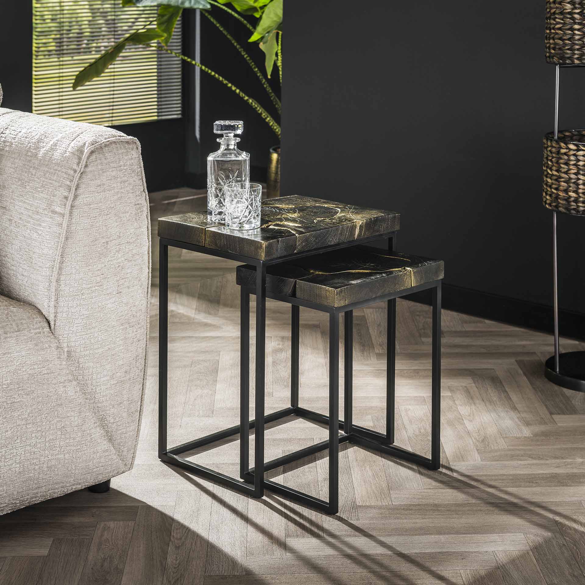 Bijzettafel Marcus - Zwart/Goud - Teakhout - Set van 2