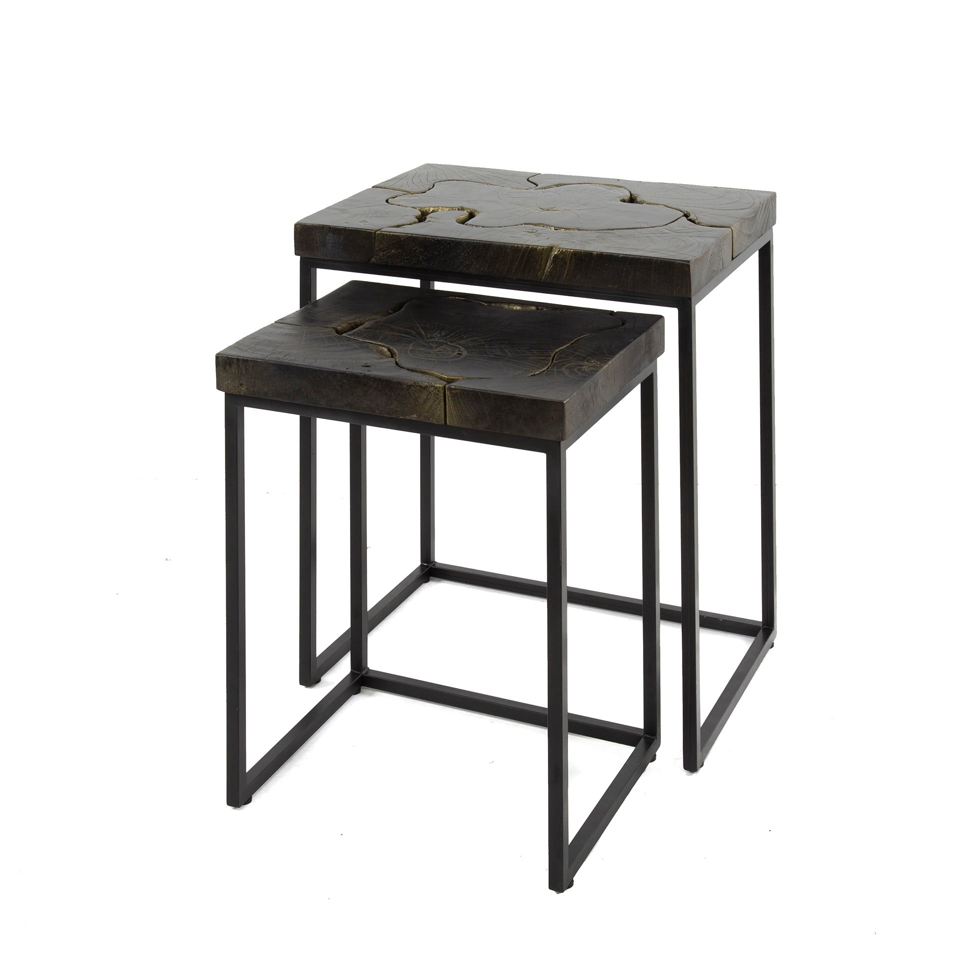 Bijzettafel Marcus - Zwart/Goud - Teakhout - Set van 2