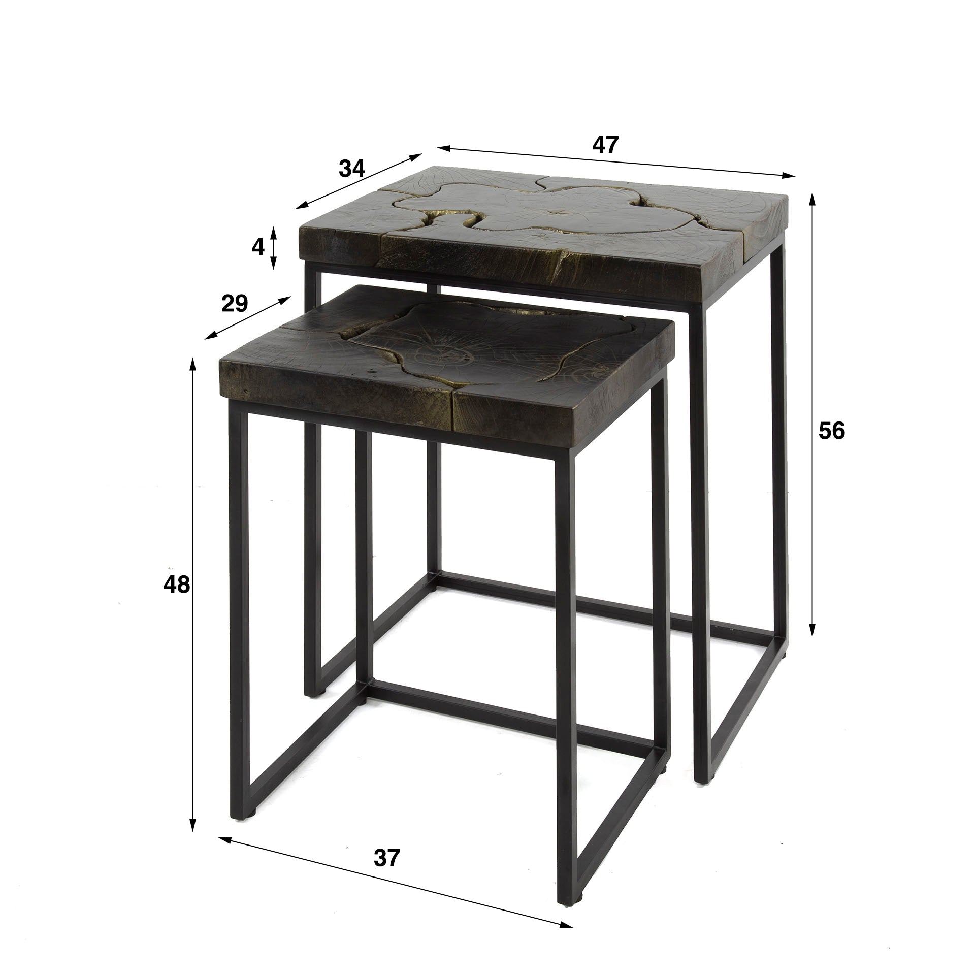 Bijzettafel Marcus - Zwart/Goud - Teakhout - Set van 2