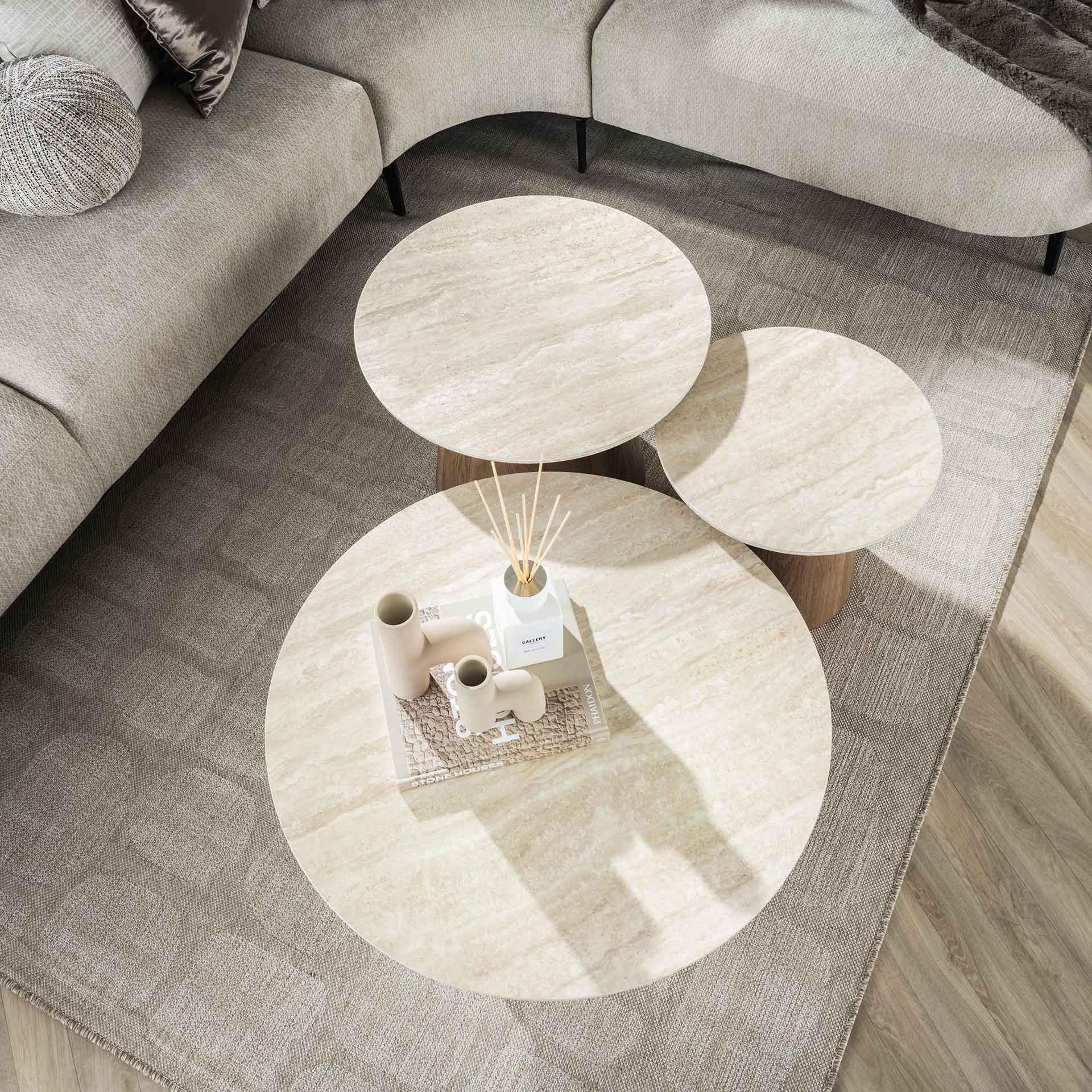 Salontafel Valero - Rond - Keramisch Travertin - Set van 3