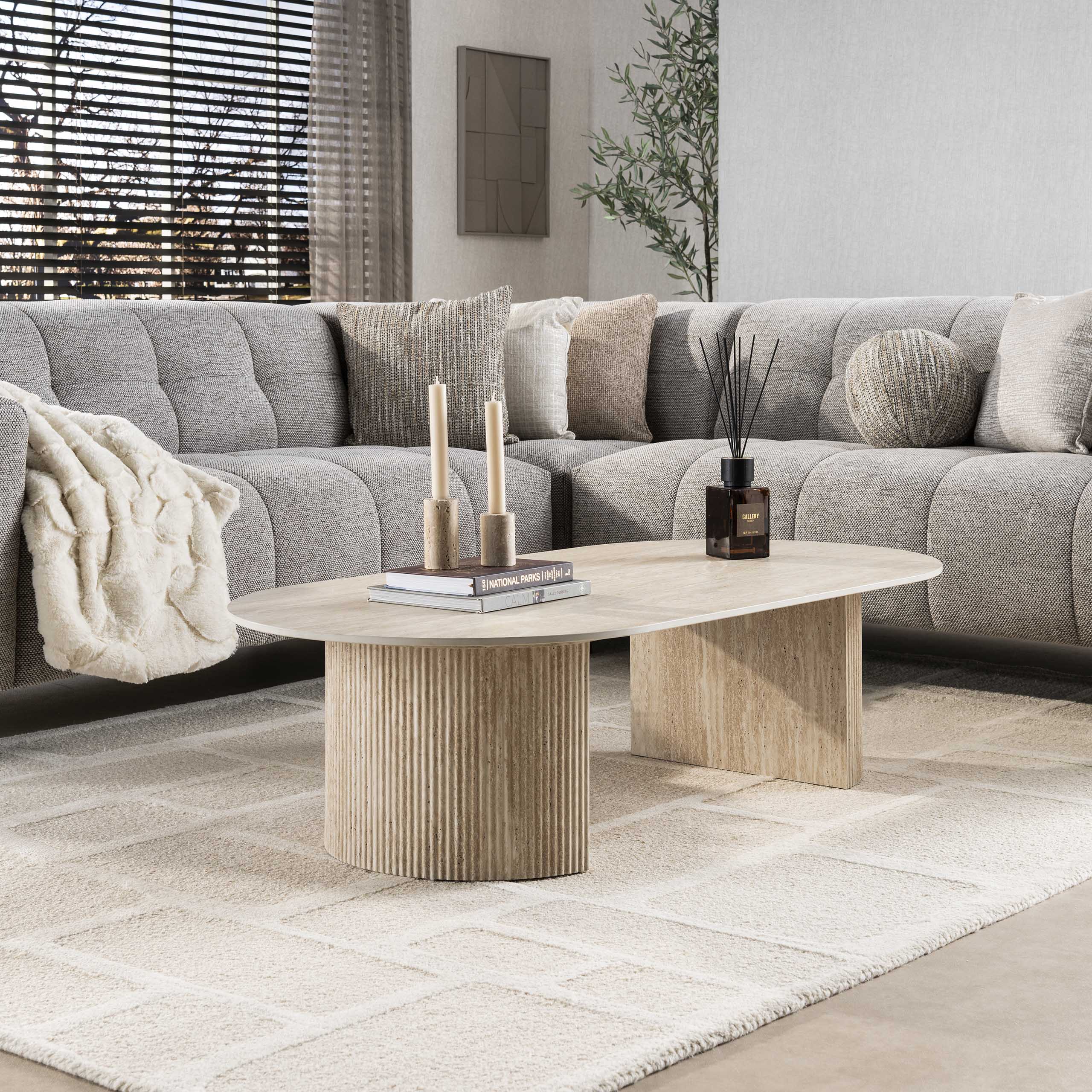 Salontafel Lunara - Deens Ovaal - Keramisch Travertin - Organisch