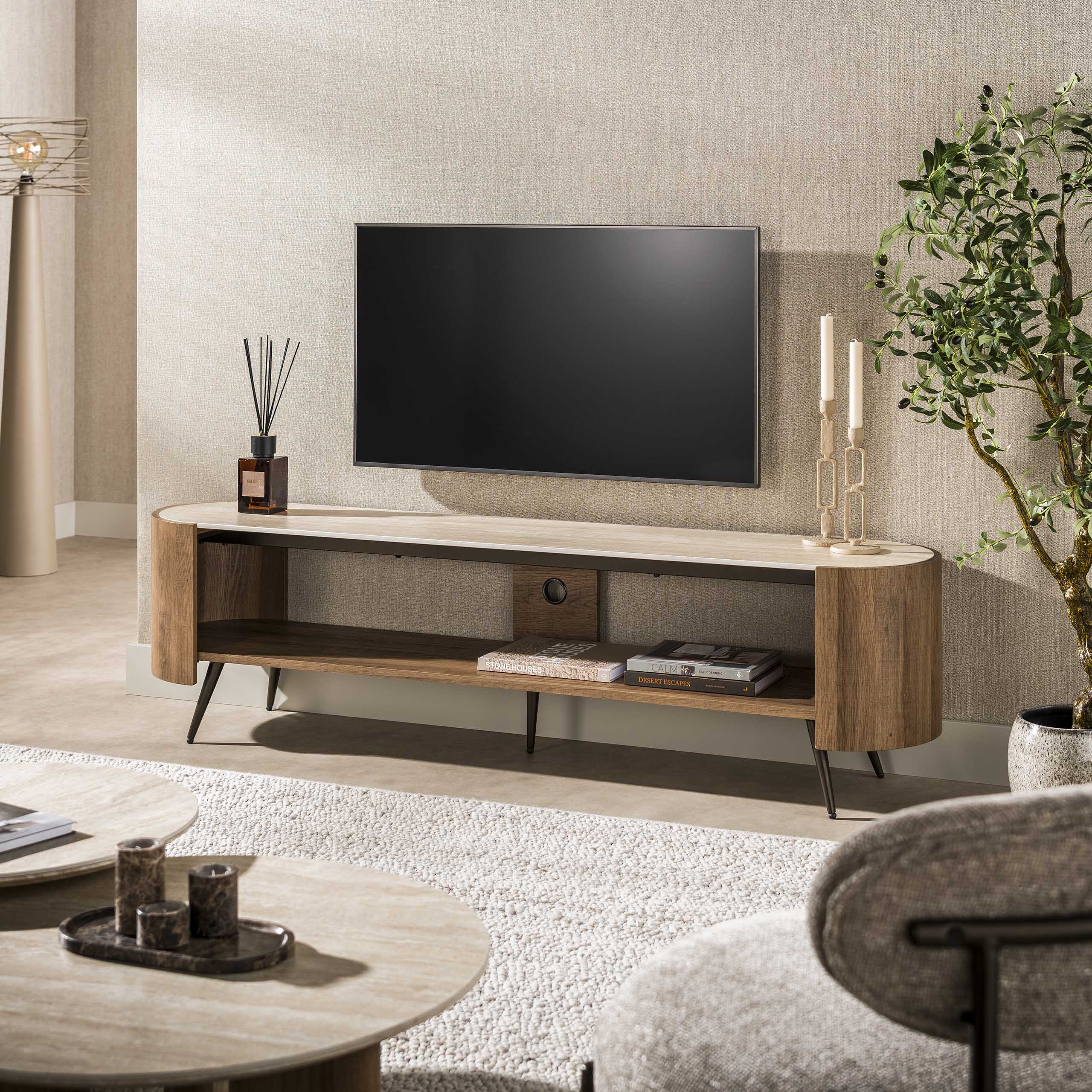 TV-meubel Nura - Ivoor - Keramisch Travertin - 180 cm