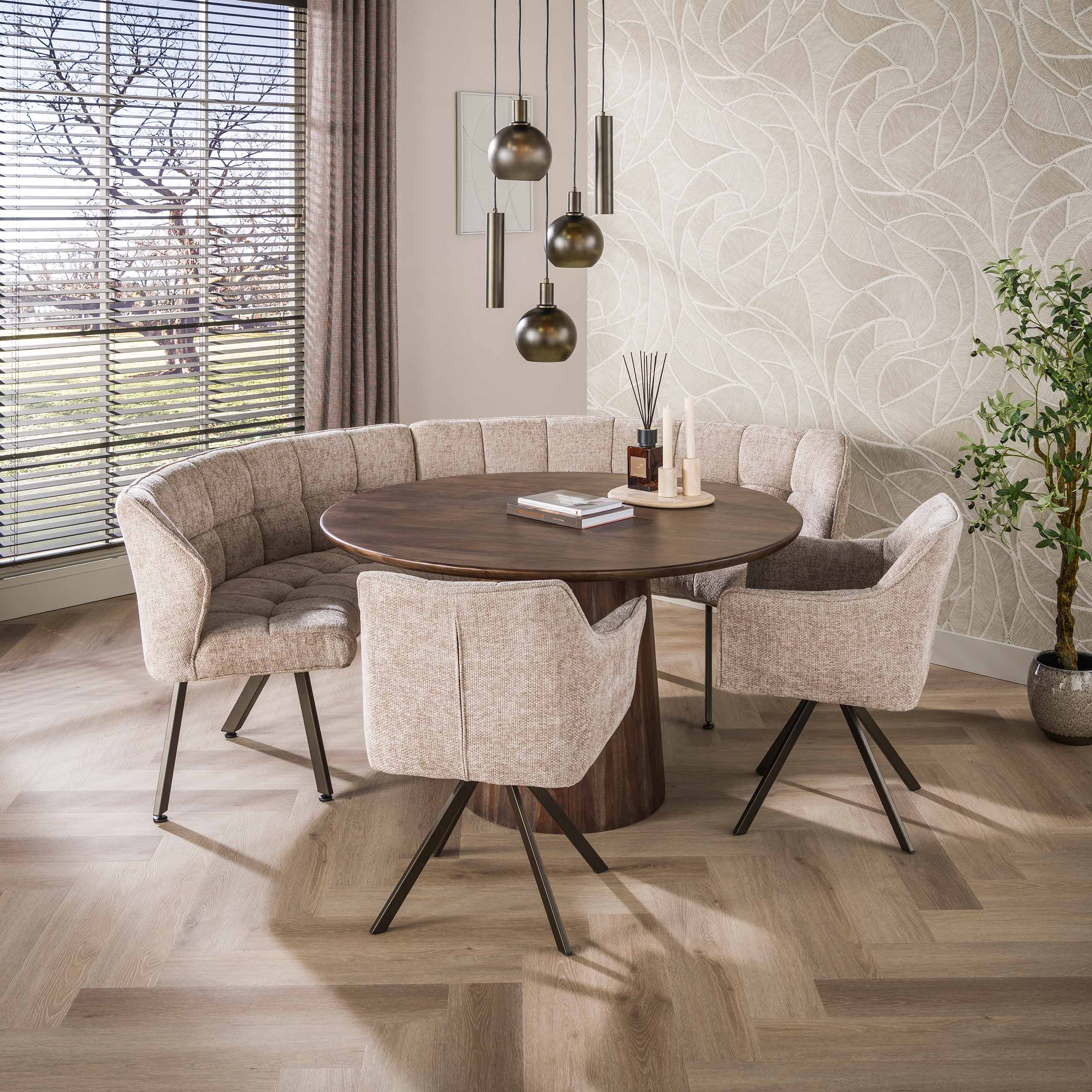 Eetkamerbank Vantage - Rond - Beige - Renegade Stof - 2-delig