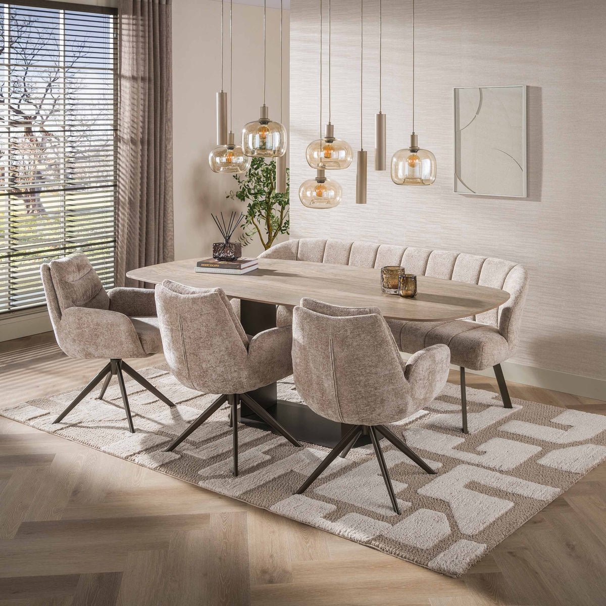 Eettafel Dunela Beige 3D Travertinlook 215 cm Deens Ovaal aanzicht 2 Meubelista