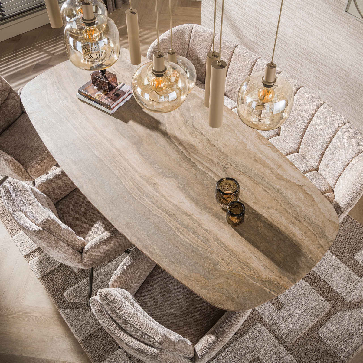 Eettafel Dunela Beige 3D Travertinlook 215 cm Deens Ovaal aanzicht 6 Meubelista