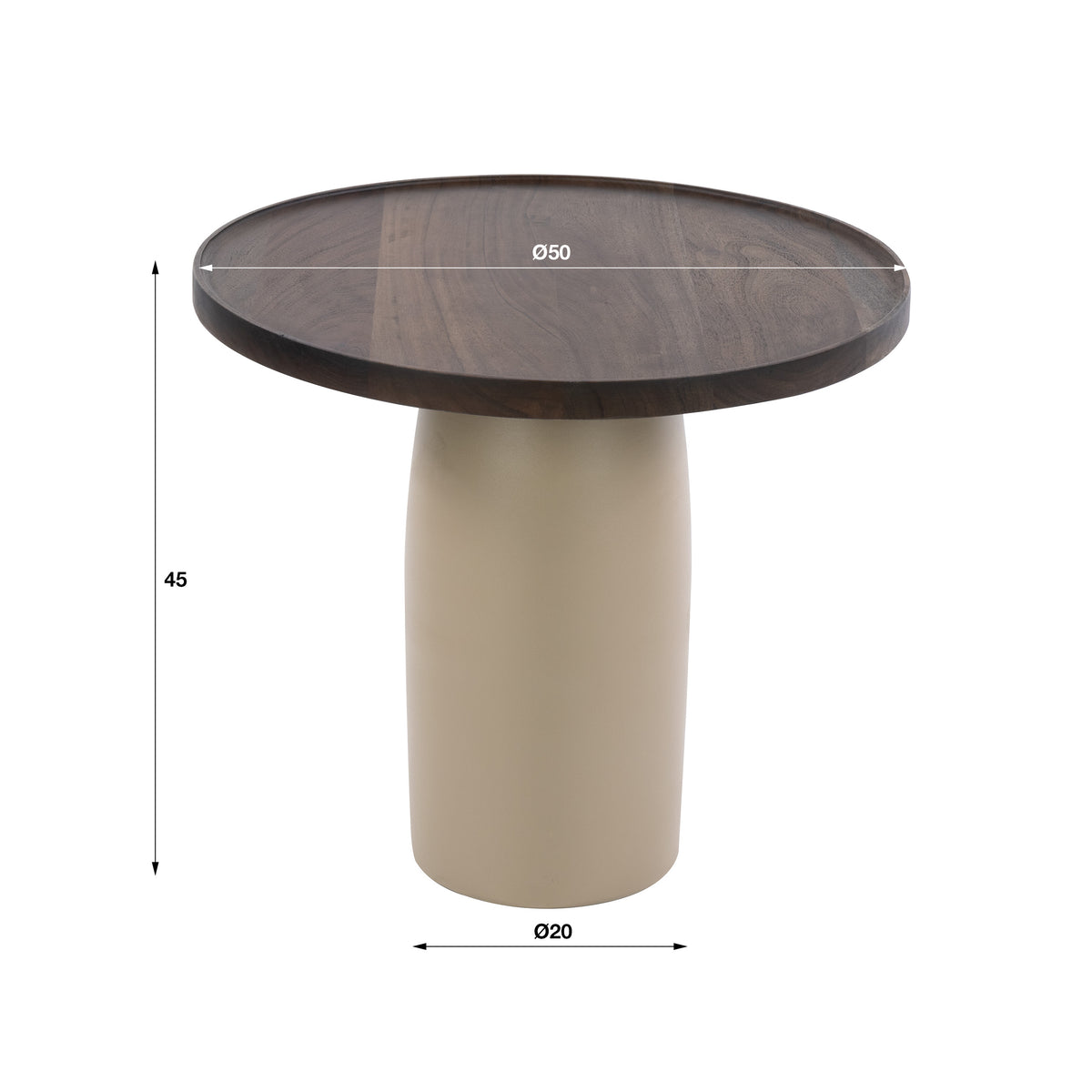 Afmetingen van bijzettafel Macy van Meubelista: diameter 50 cm, hoogte 45 cm en voetdiameter 20 cm.