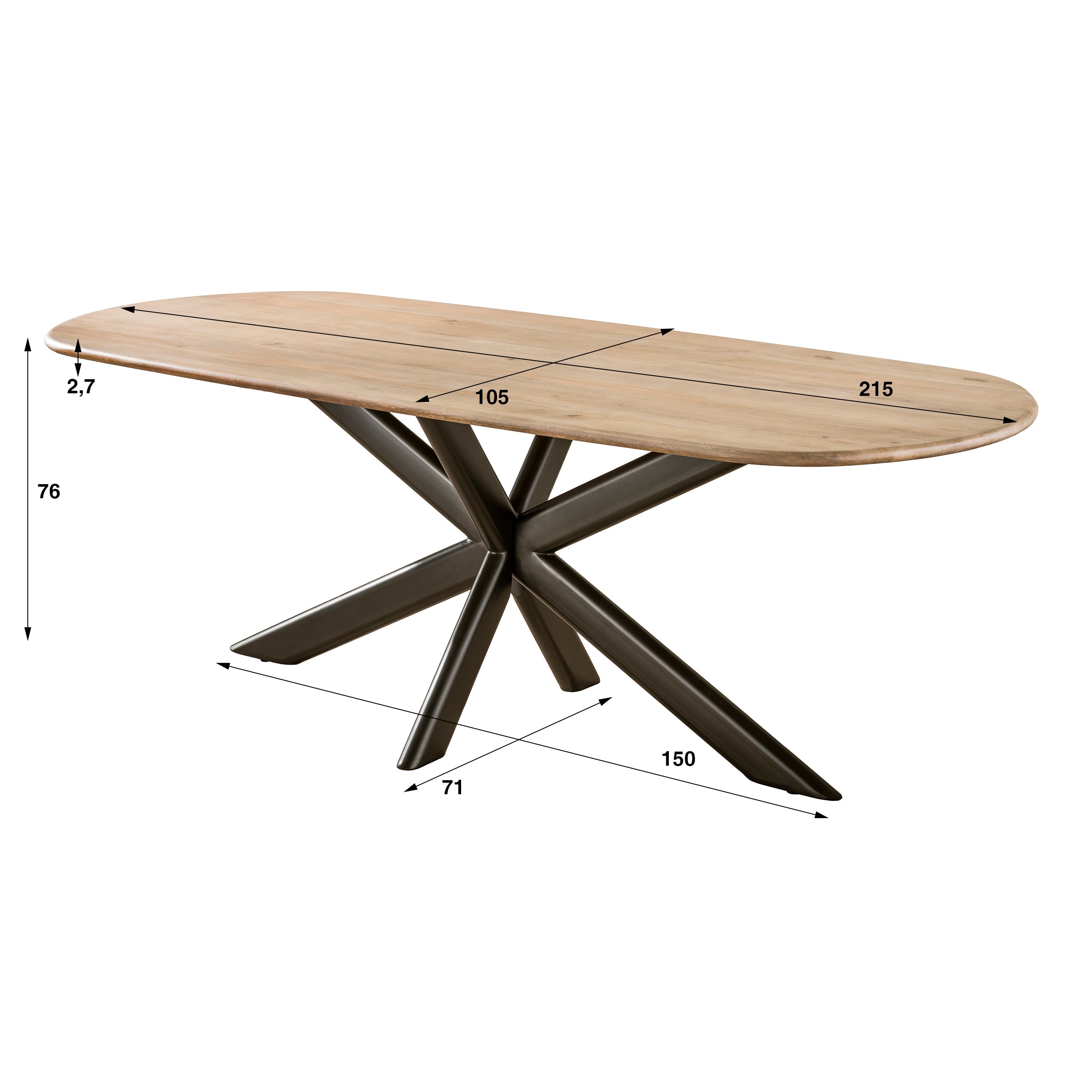 Eettafel Cavaro - Bruin - Mangohout - 215 cm - Deens Ovaal