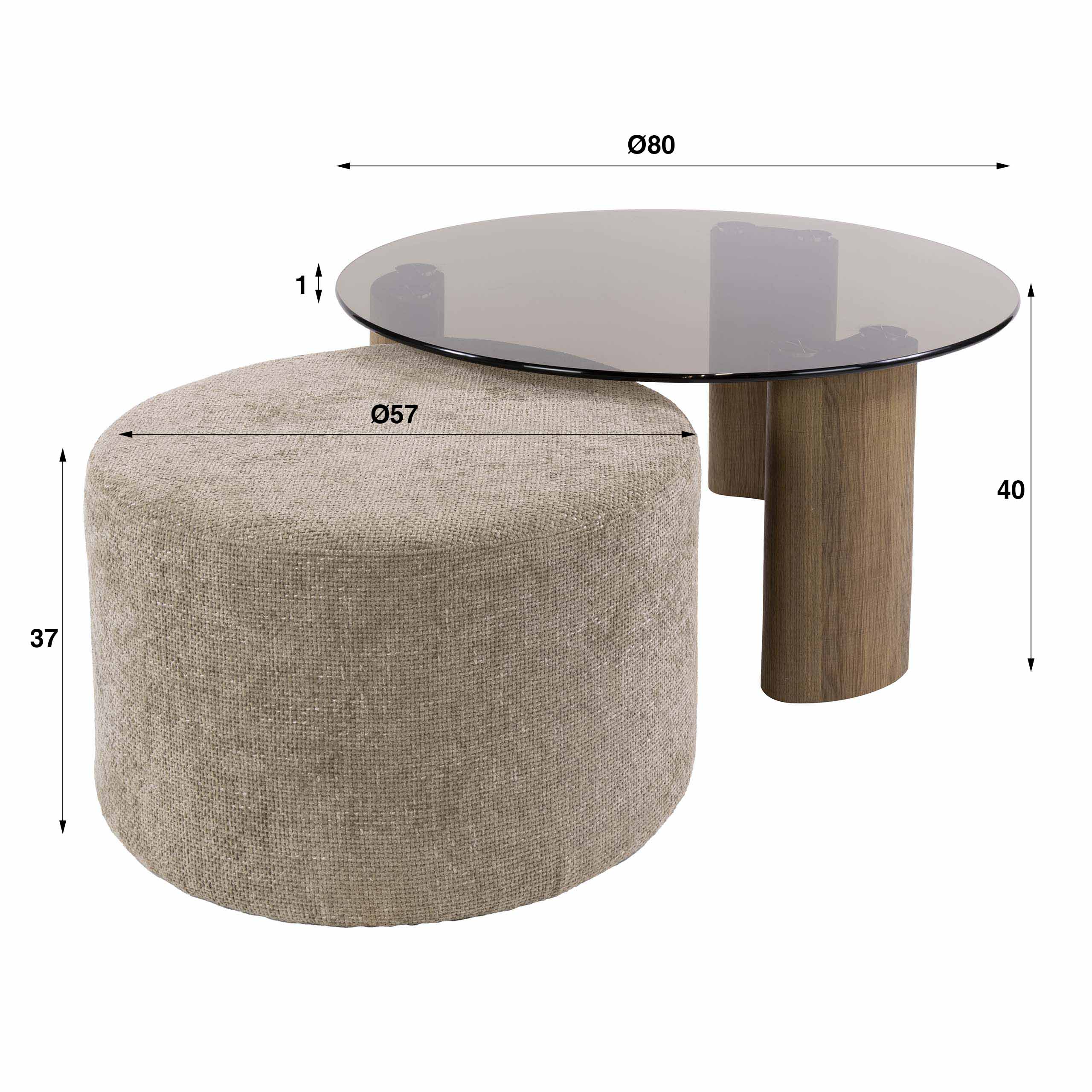Salontafel Pooh - Rond - Brons Glas - Set van 2 - Met Poef