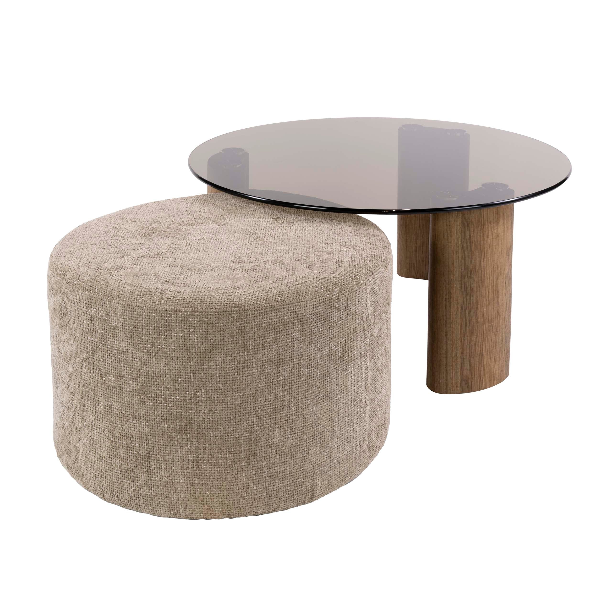 Salontafel Pooh - Rond - Brons Glas - Set van 2 - Met Poef