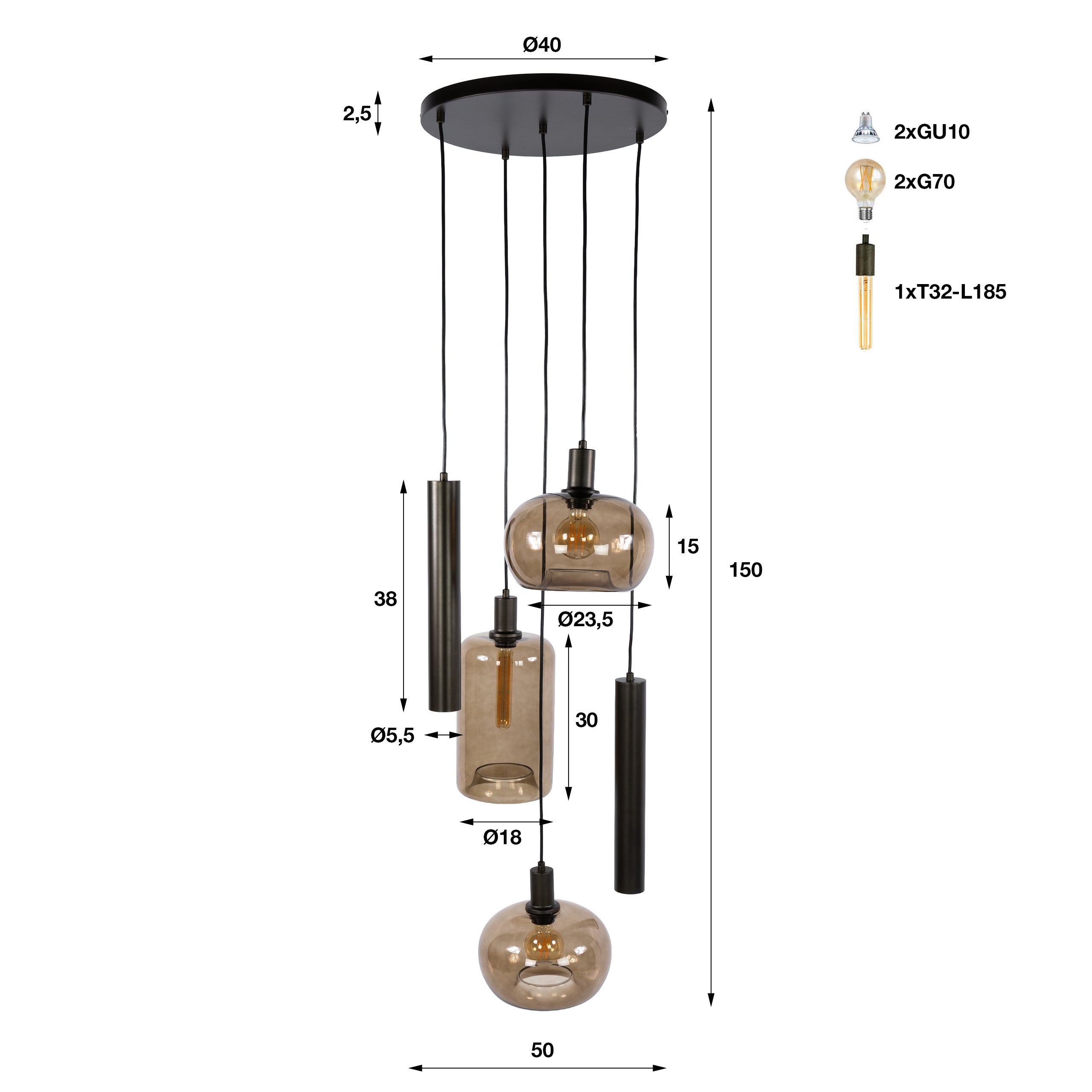 Hanglamp Avelore - 5-lichts - Brons - Amberglas - Getrapt - Met Spots