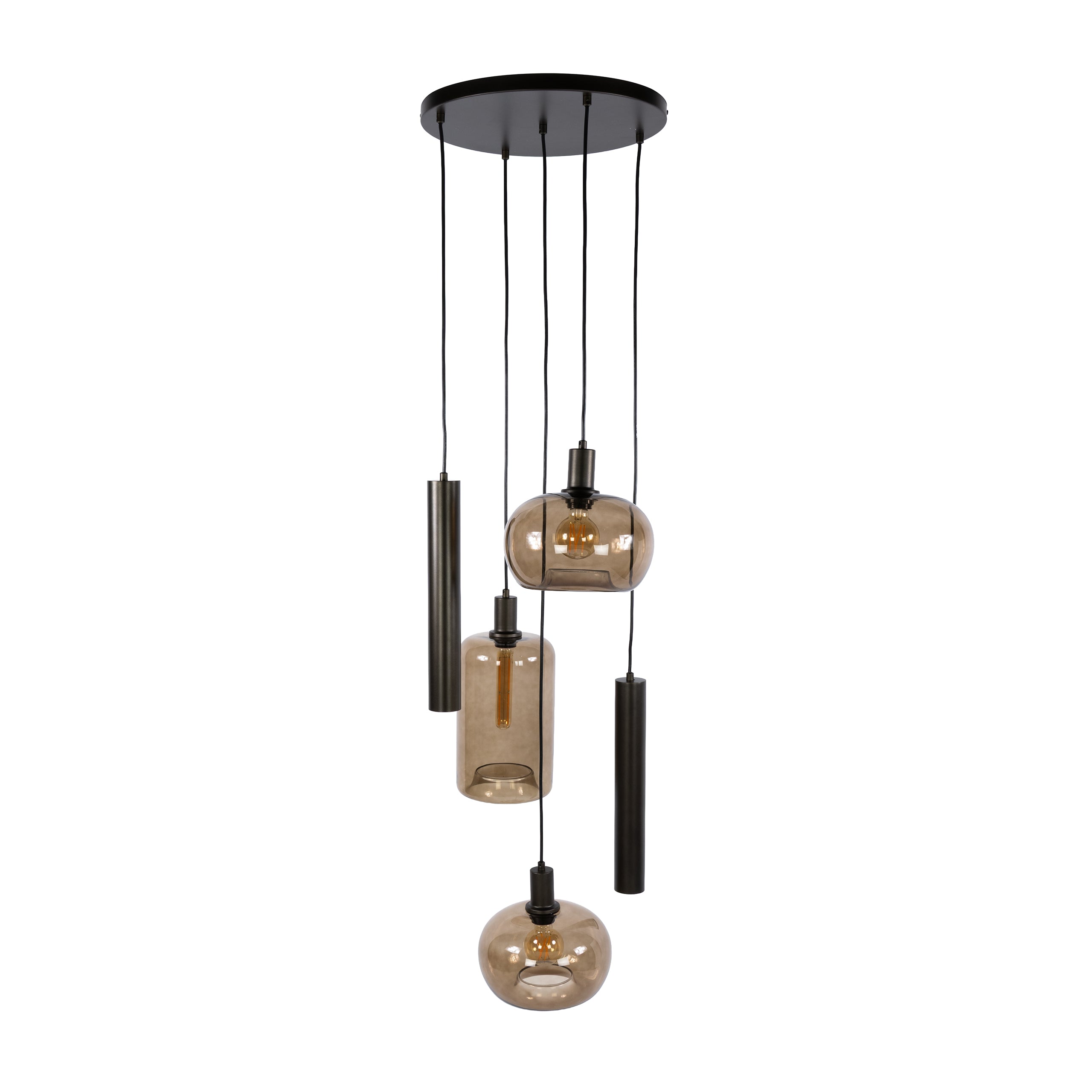 Hanglamp Avelore - 5-lichts - Brons - Amberglas - Getrapt - Met Spots