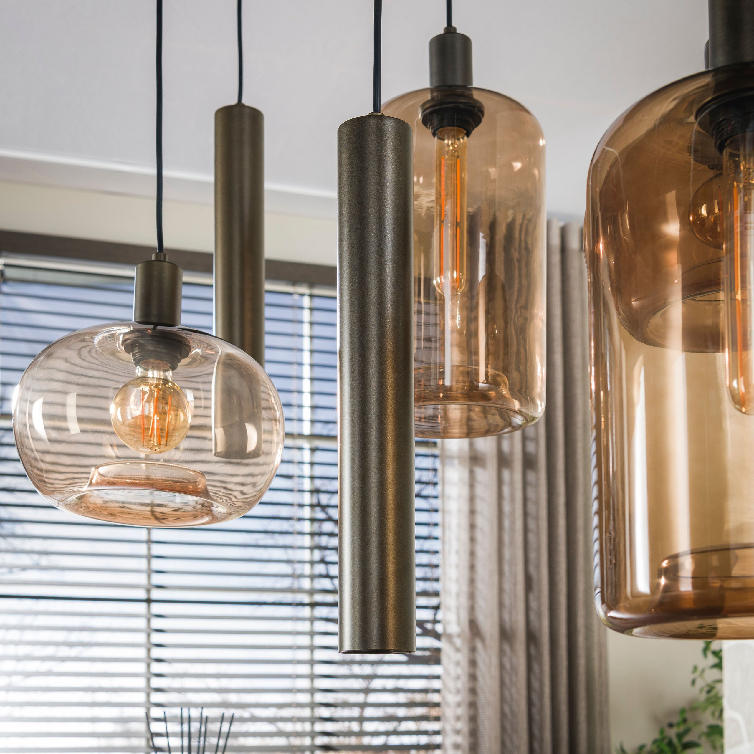 Hanglamp Avelore - 7-lichts - Brons - Amberglas - Met Spots