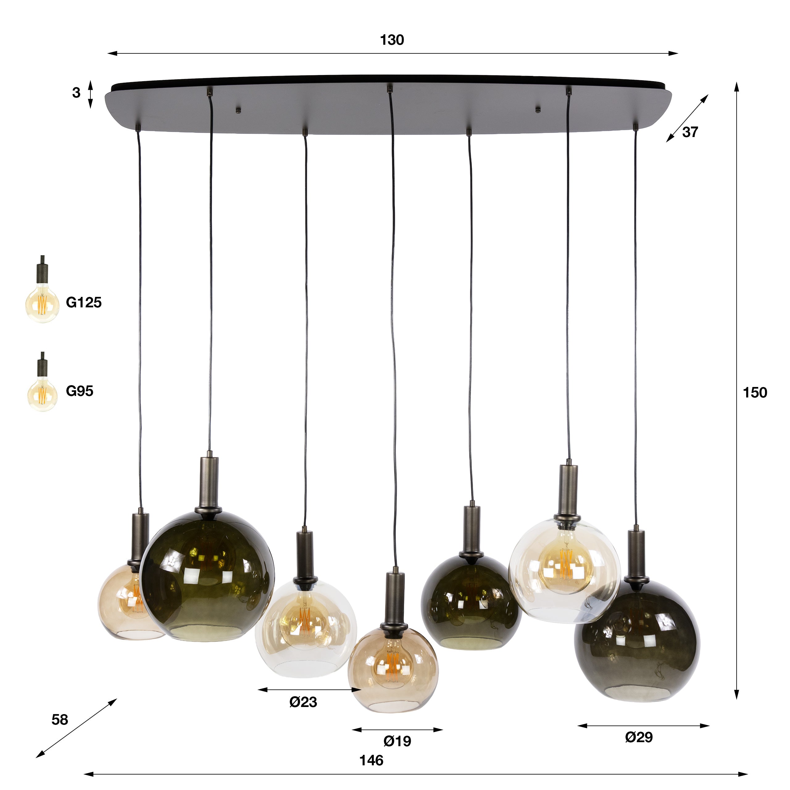 Hanglamp Bellaro - 7-lichts - Amber Mix - Glazen Bollen