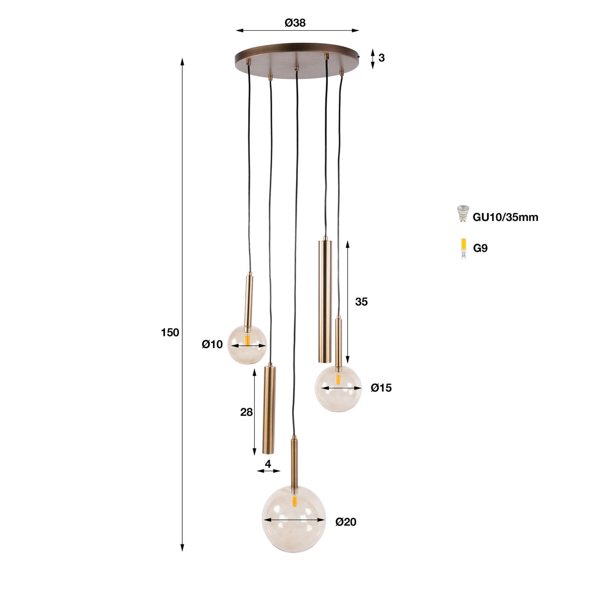 Hanglamp Marella 5-lichts Brons Amberglas Getrapt Met Spots maatvoering Meubelista