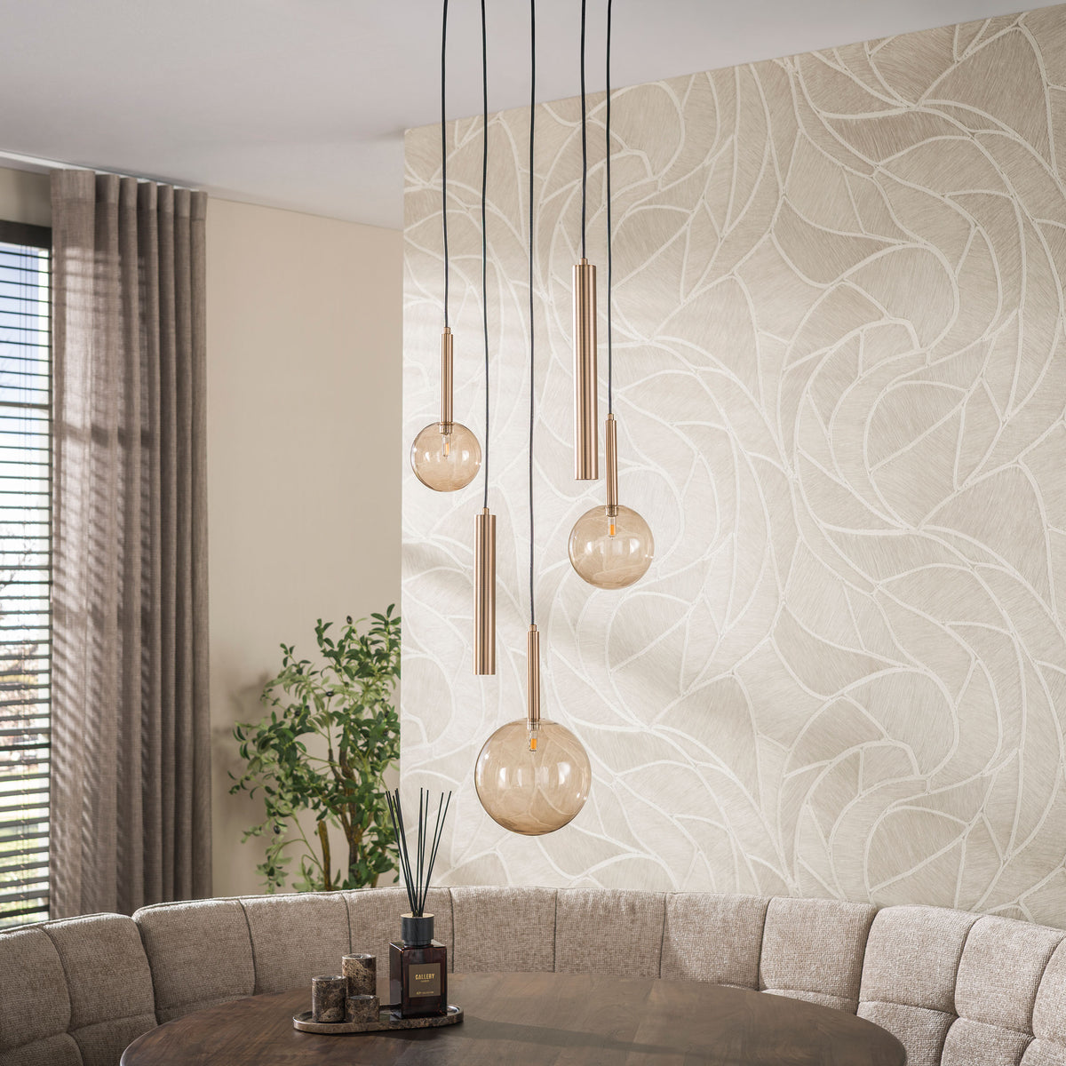 Hanglamp Marella 5-lichts Brons Amberglas Getrapt Met Spots aanzicht 2 Meubelista