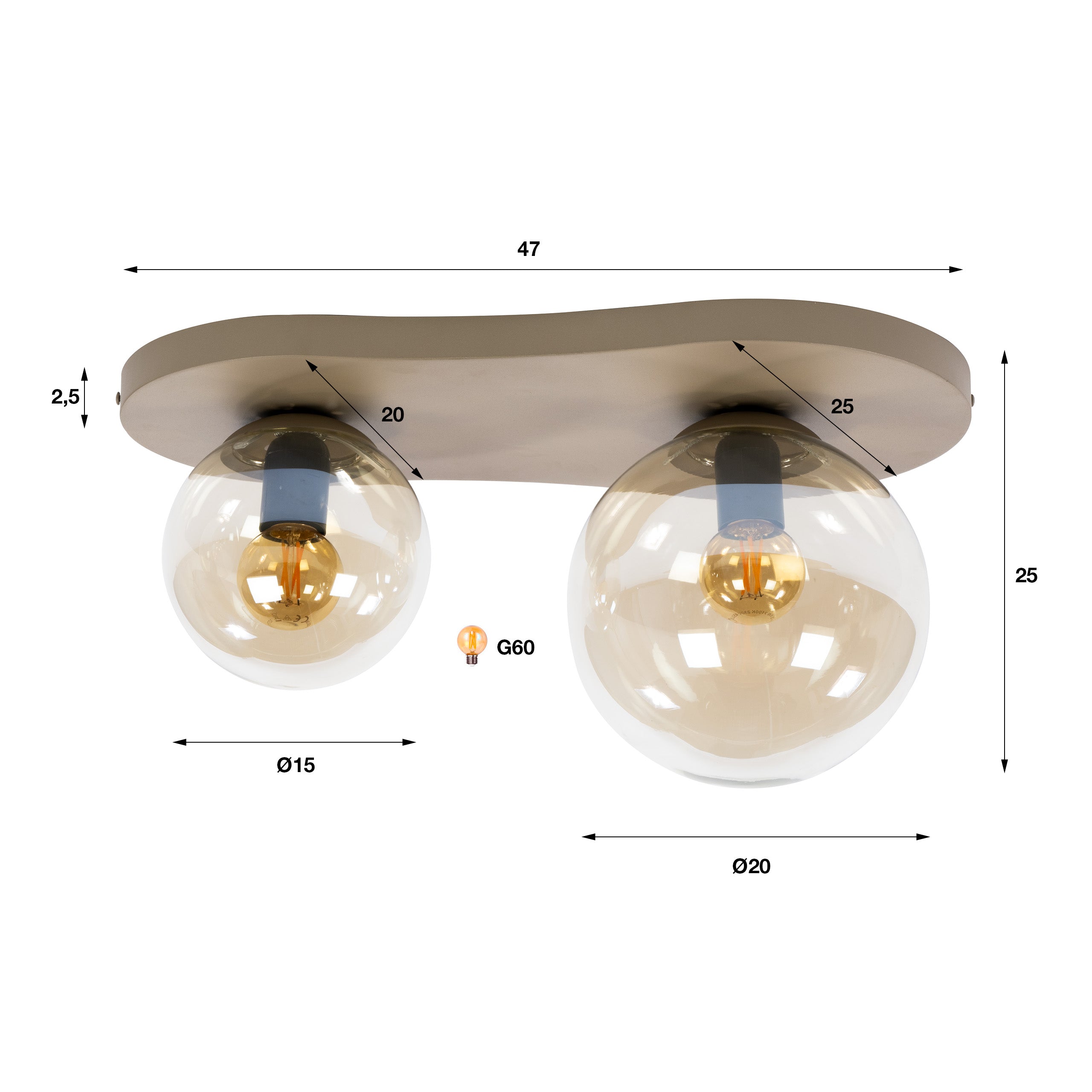 Plafondlamp Savi - 2-lichts - Beige - Amberglas