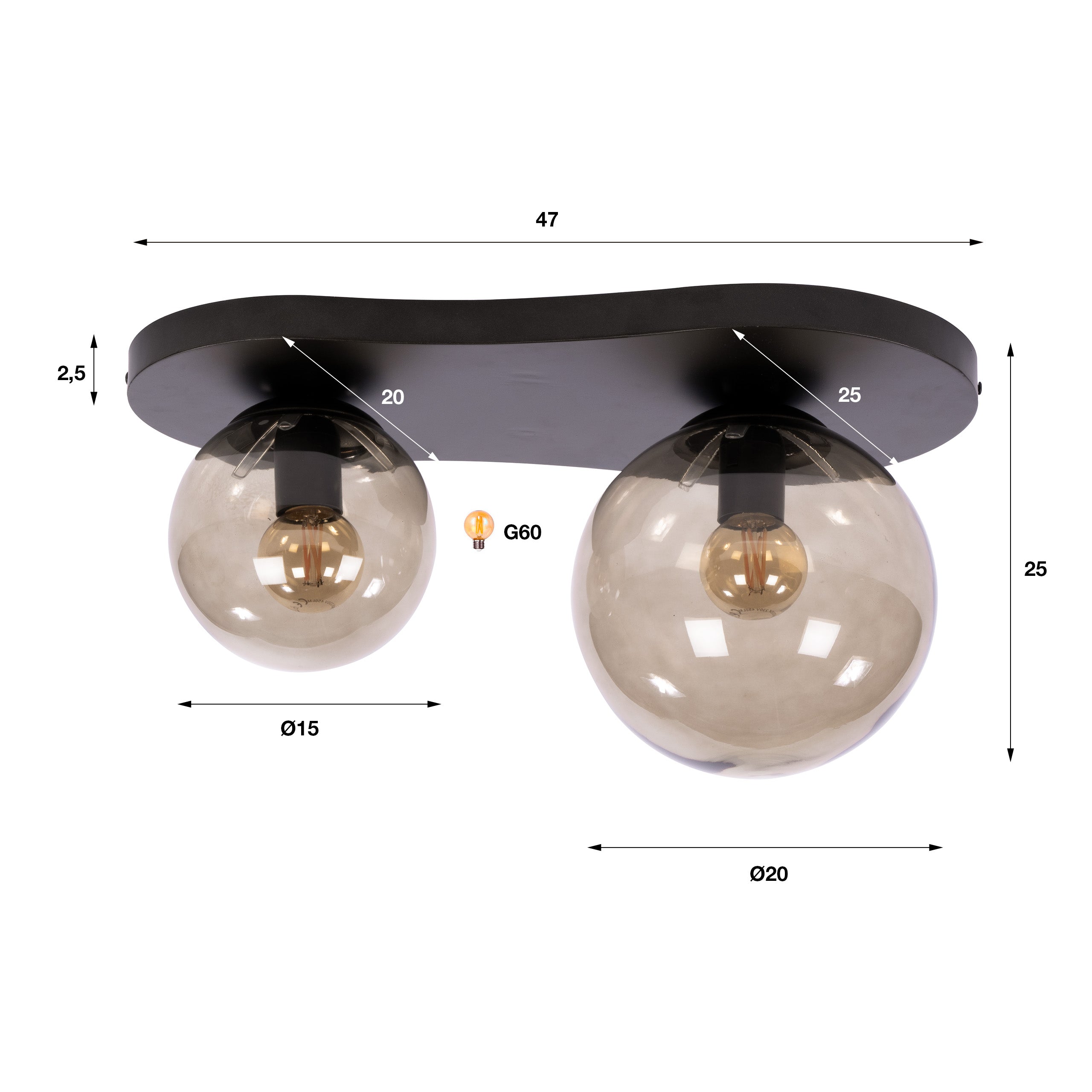 Plafondlamp Savi - 2-lichts - Brons - Amberglas