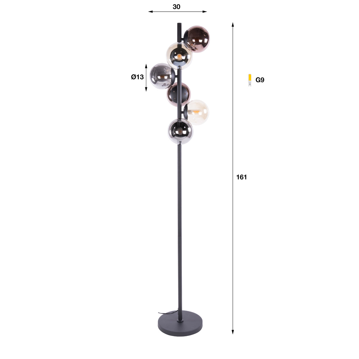 Vloerlamp Ovio van Meubelista in zwart: maattekening met hoogte en G9 fitting.