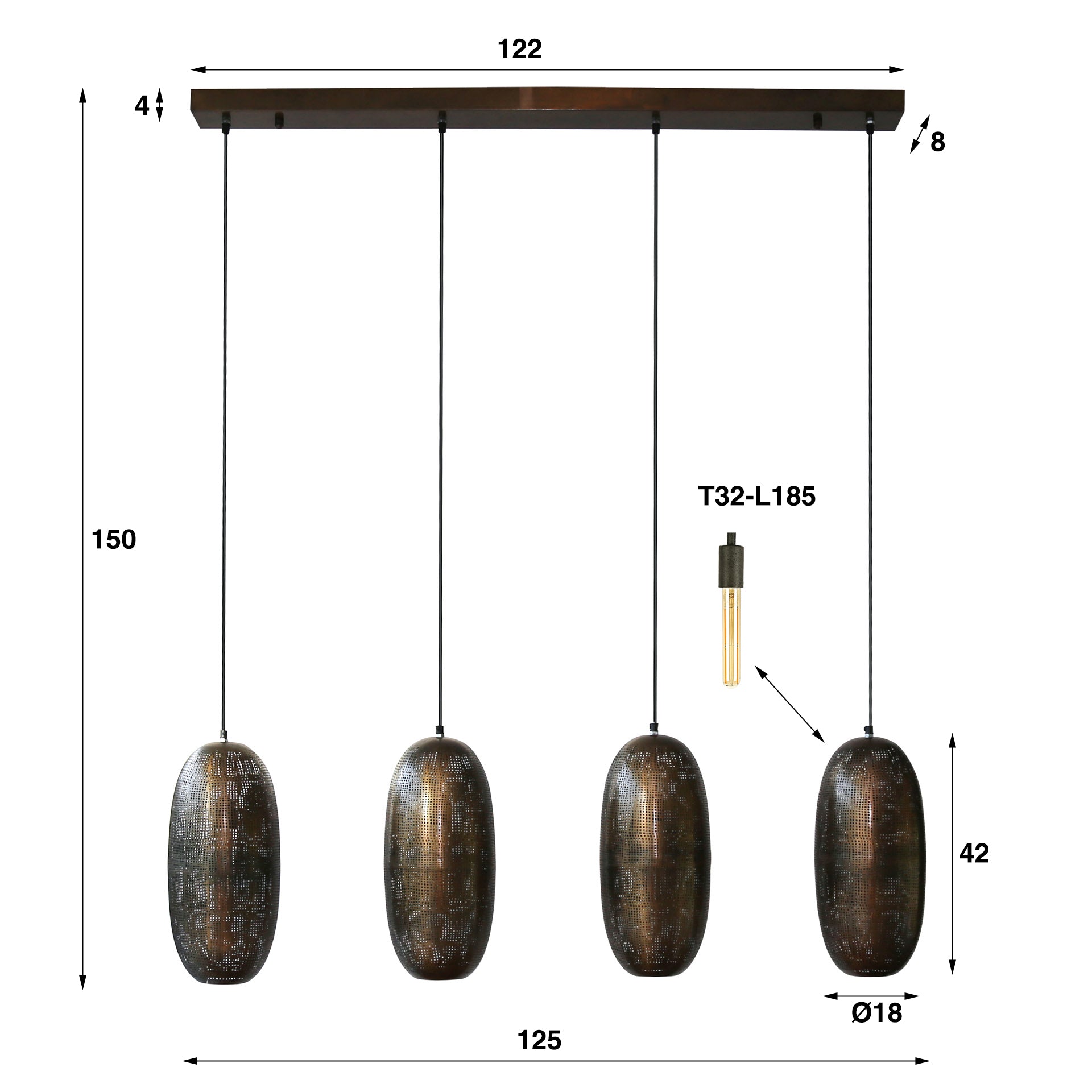 Hanglamp Niko - 4-lichts - Brons - Metaal