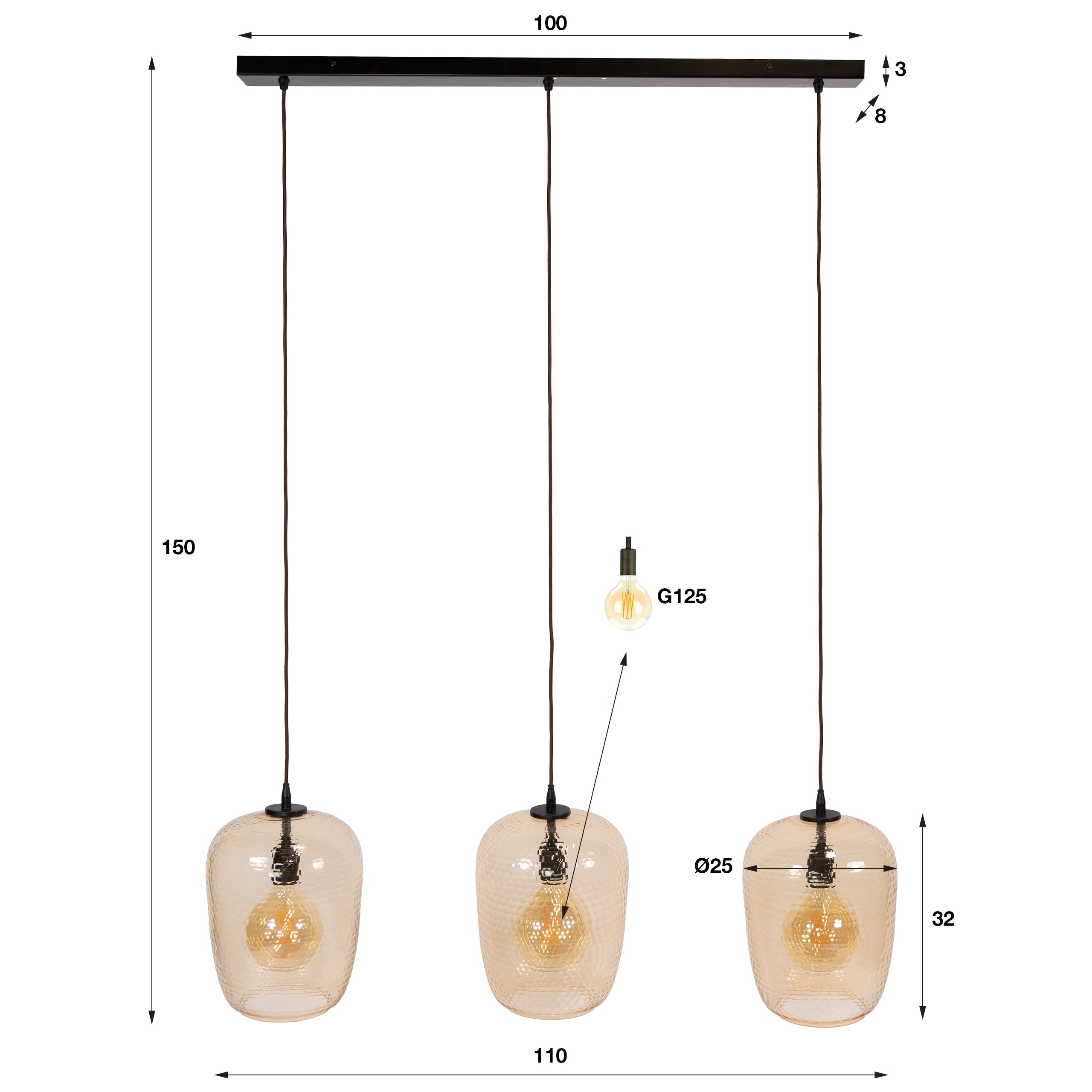 Hanglamp Mamba - 3-lichts - Amberkleurig - Glas