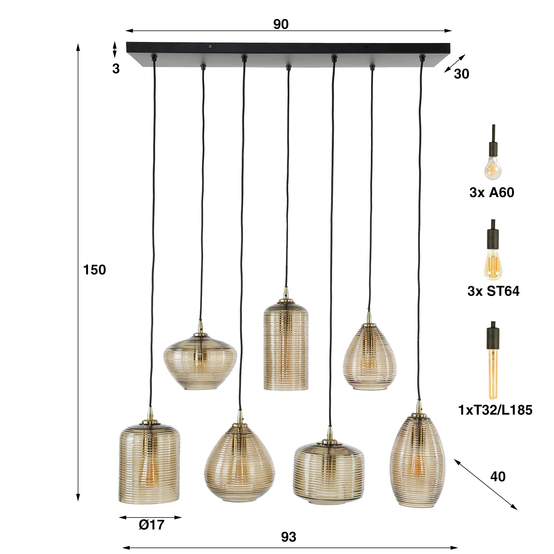 Hanglamp Arlo - 7-lichts - Amberkleurig - Glas