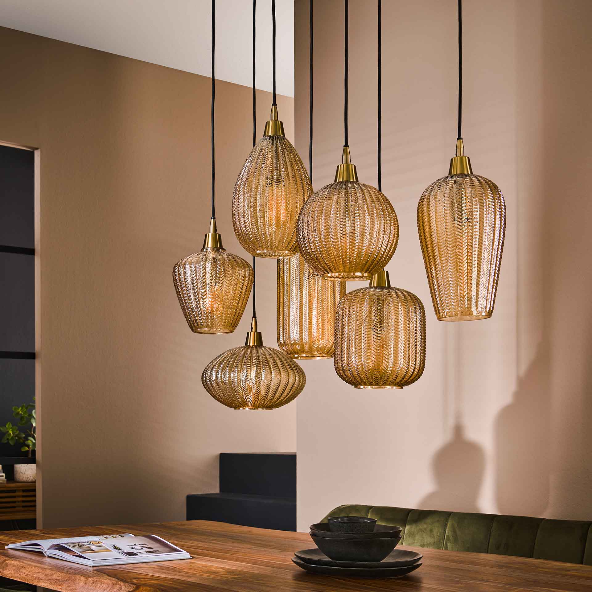 Hanglamp Elio - 7-lichts - Amberkleurig - Glas