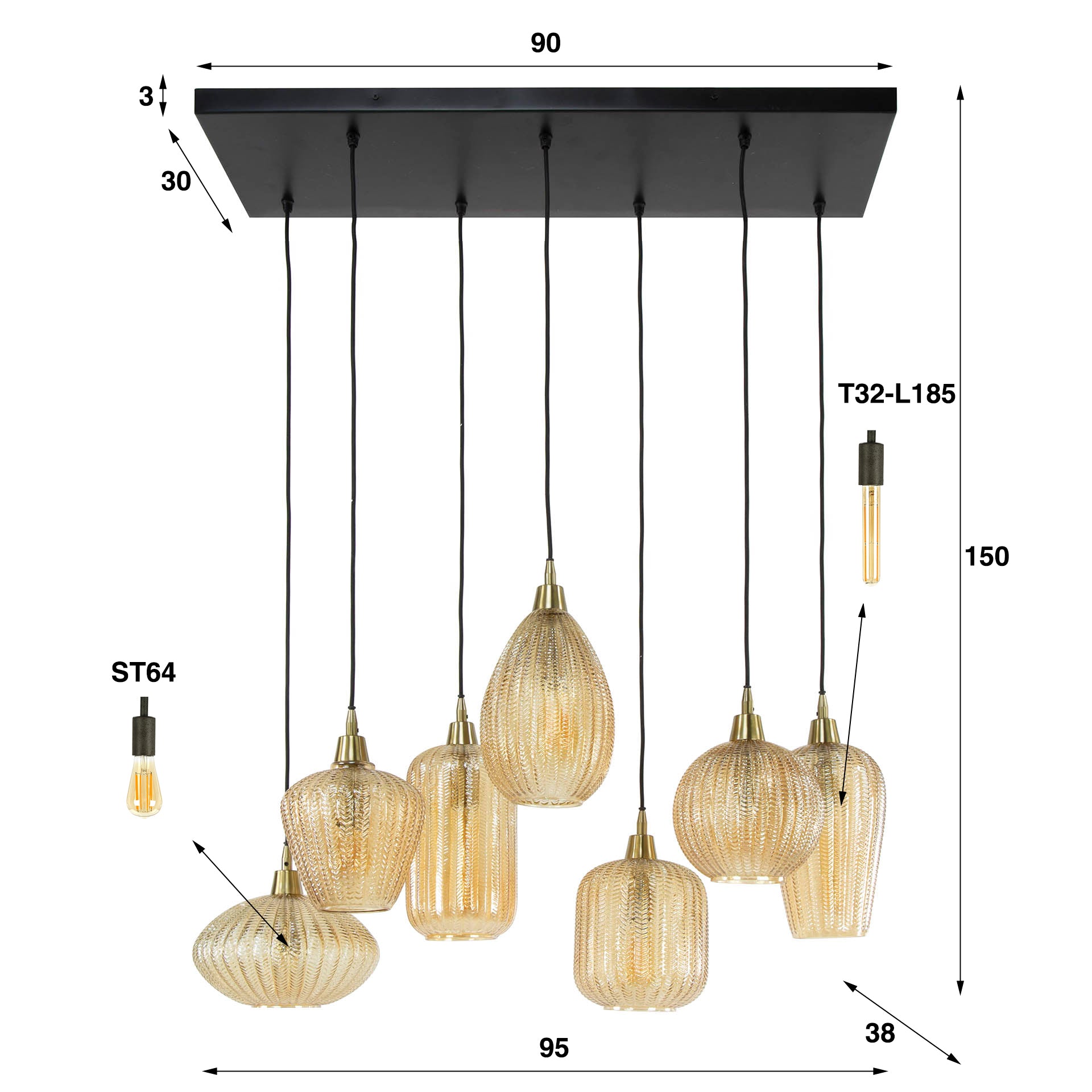 Hanglamp Elio - 7-lichts - Amberkleurig - Glas