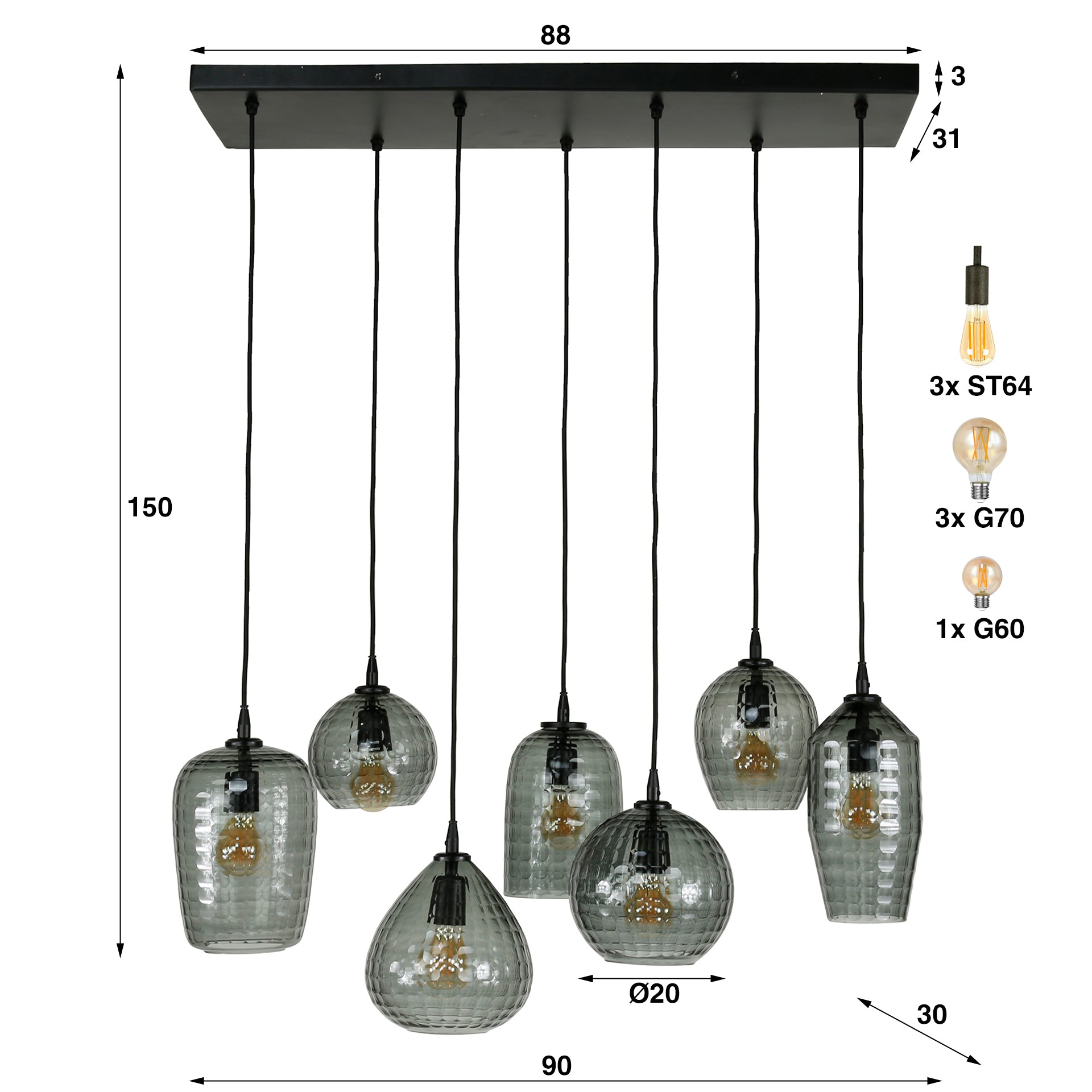 Hanglamp Sky - 7-lichts - Smoke - Glas