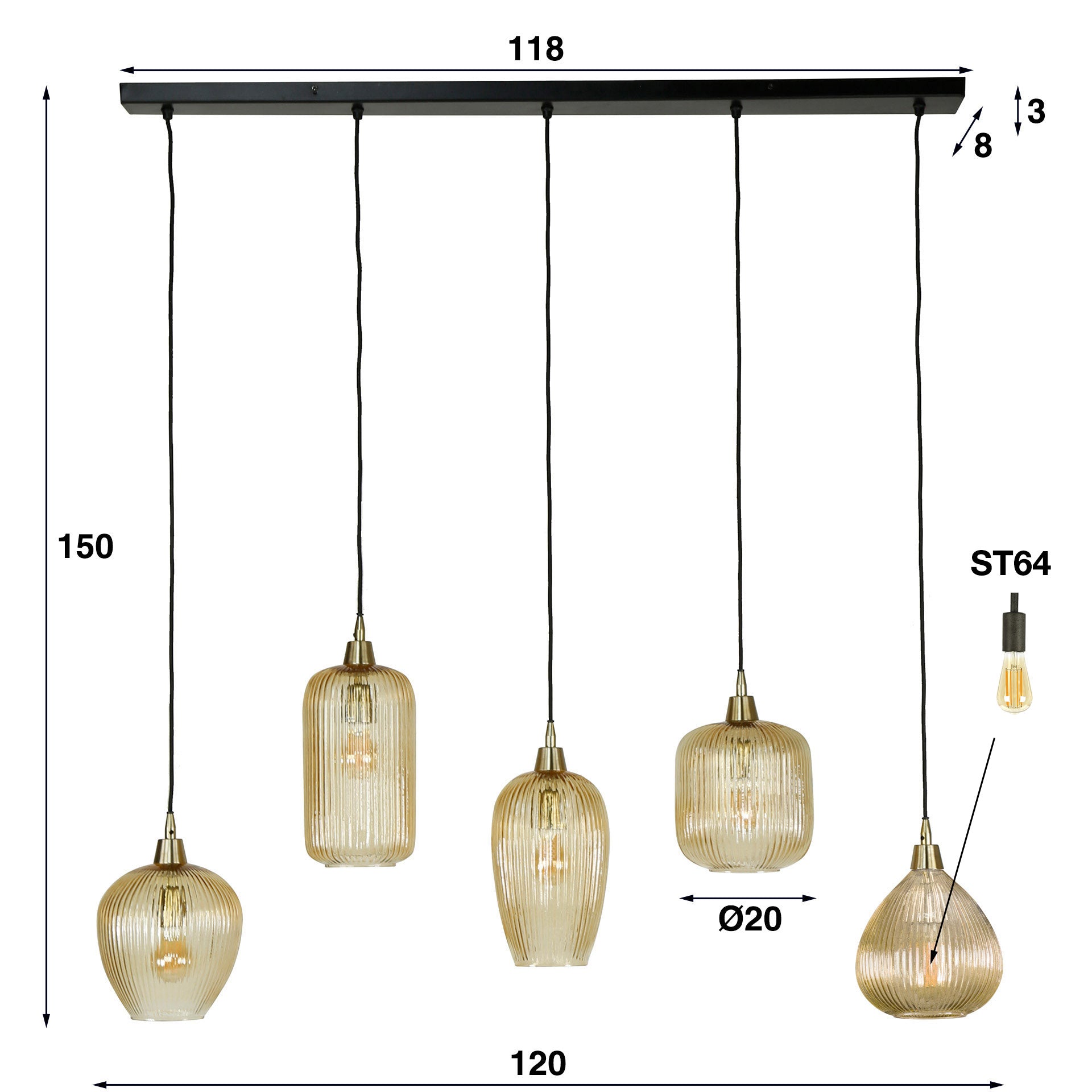 Hanglamp Delia - 5-lichts - Amberkleurig - Glas