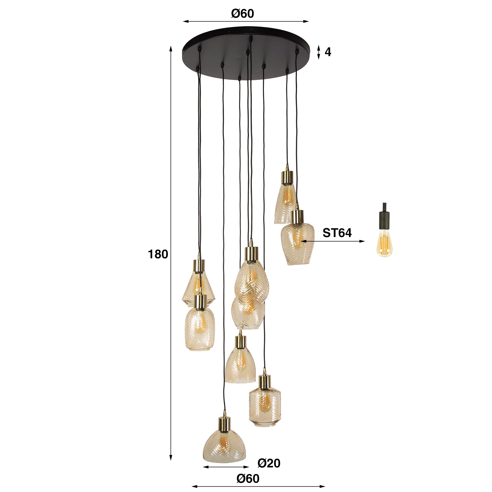 Hanglamp Cascade - 9-lichts - Amberkleurig - Glas