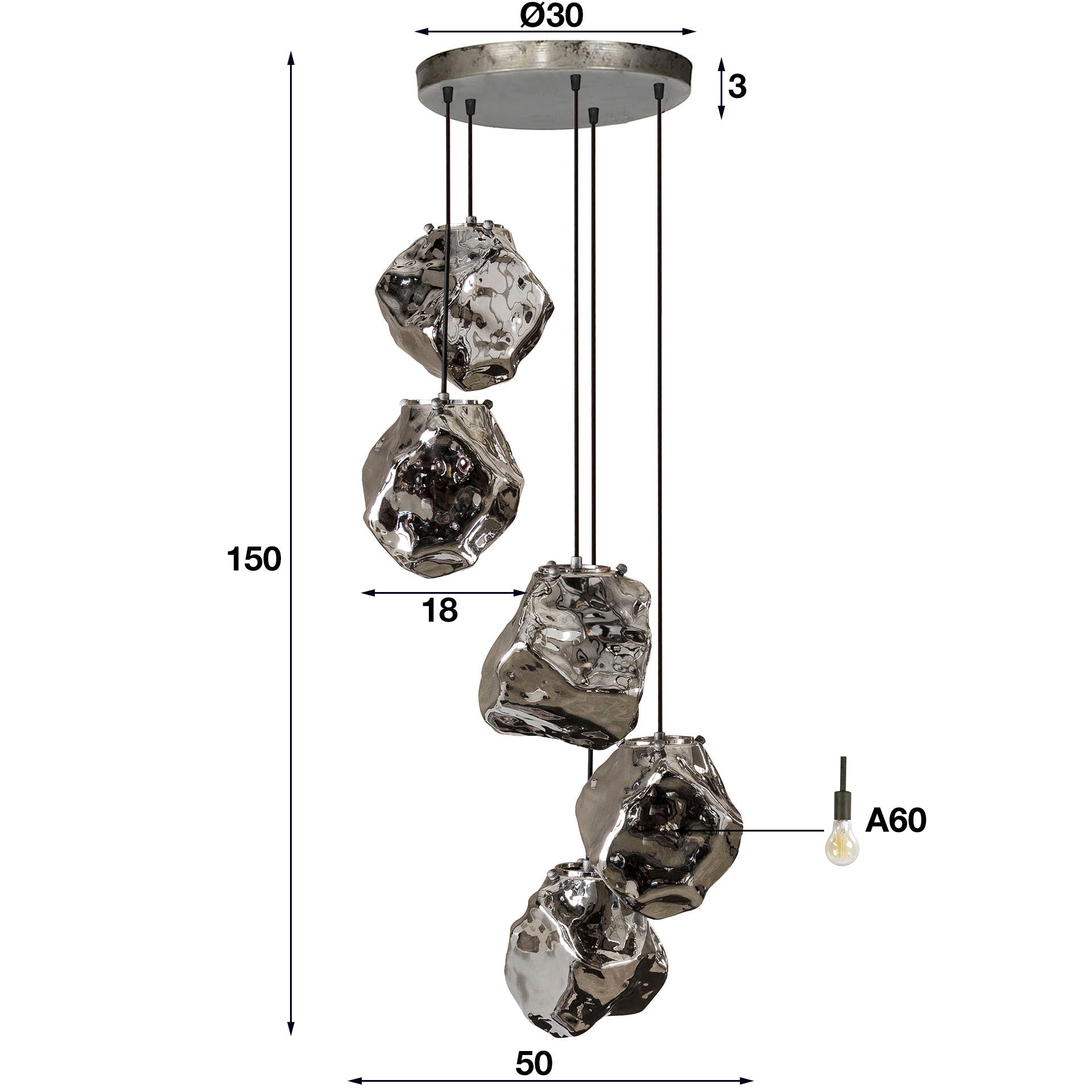 Hanglamp Louis - 5-lichts - Chrome - Glas
