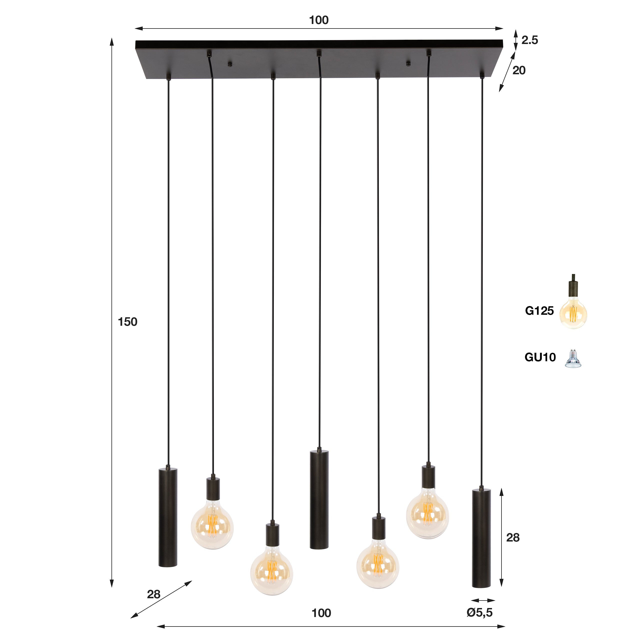 Hanglamp Soley - 7-lichts - Brons - Amberglas - Met Spots