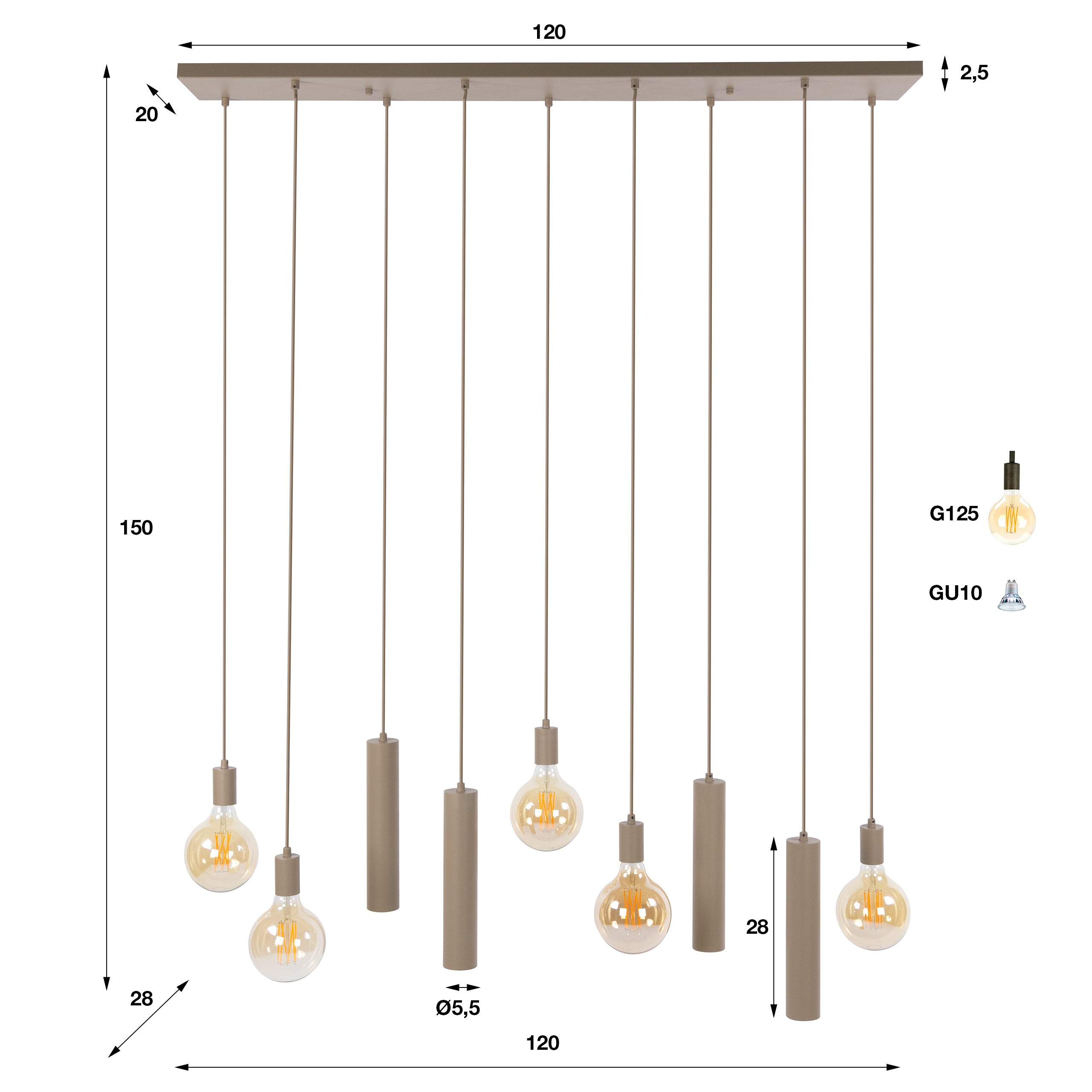 Hanglamp Soley - 9-lichts - Beige - Amberglas - Met Spots