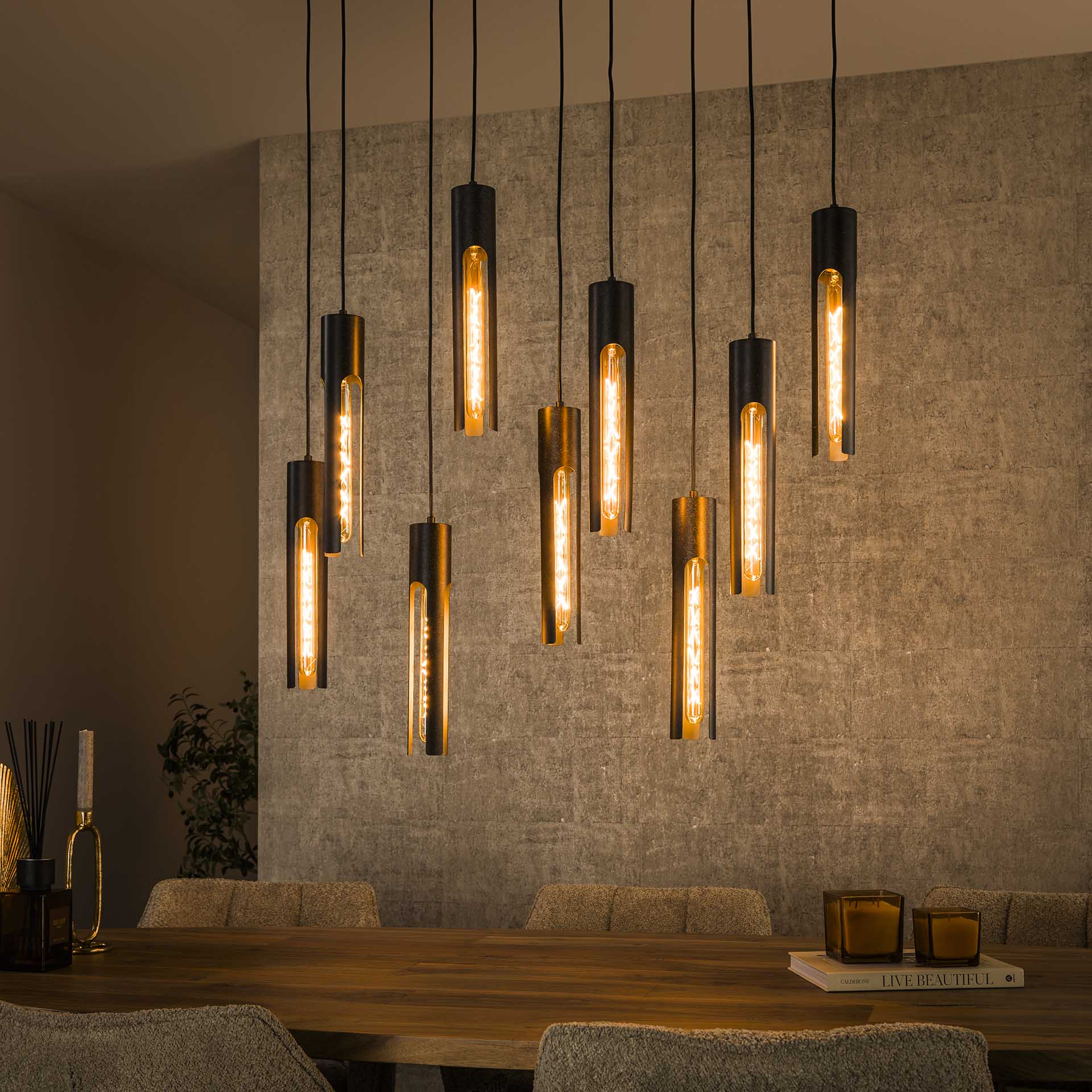 Hanglamp Lumen - 9-lichts - Zwart - Metaal