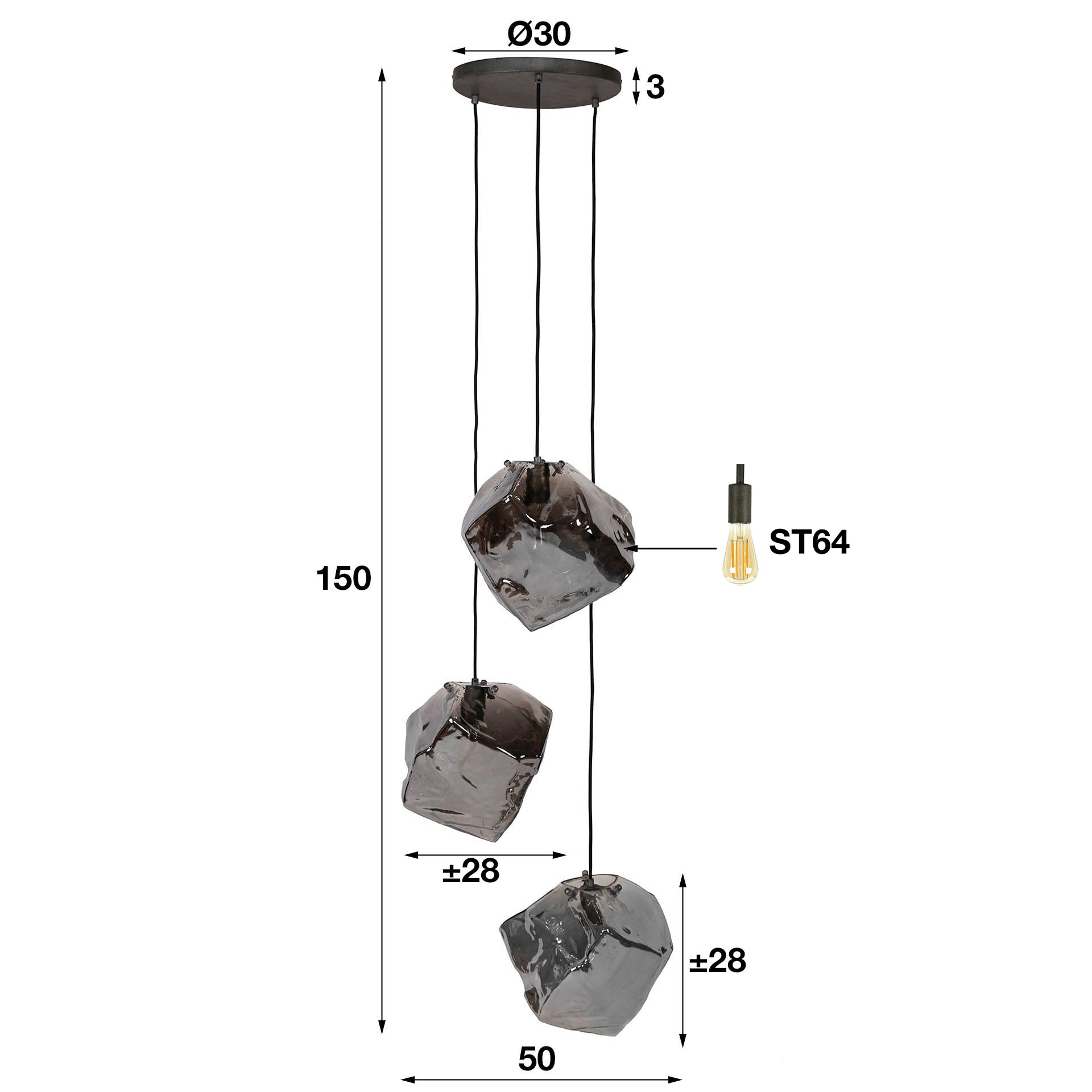 Hanglamp Louis - 3-lichts - Chrome - Glas