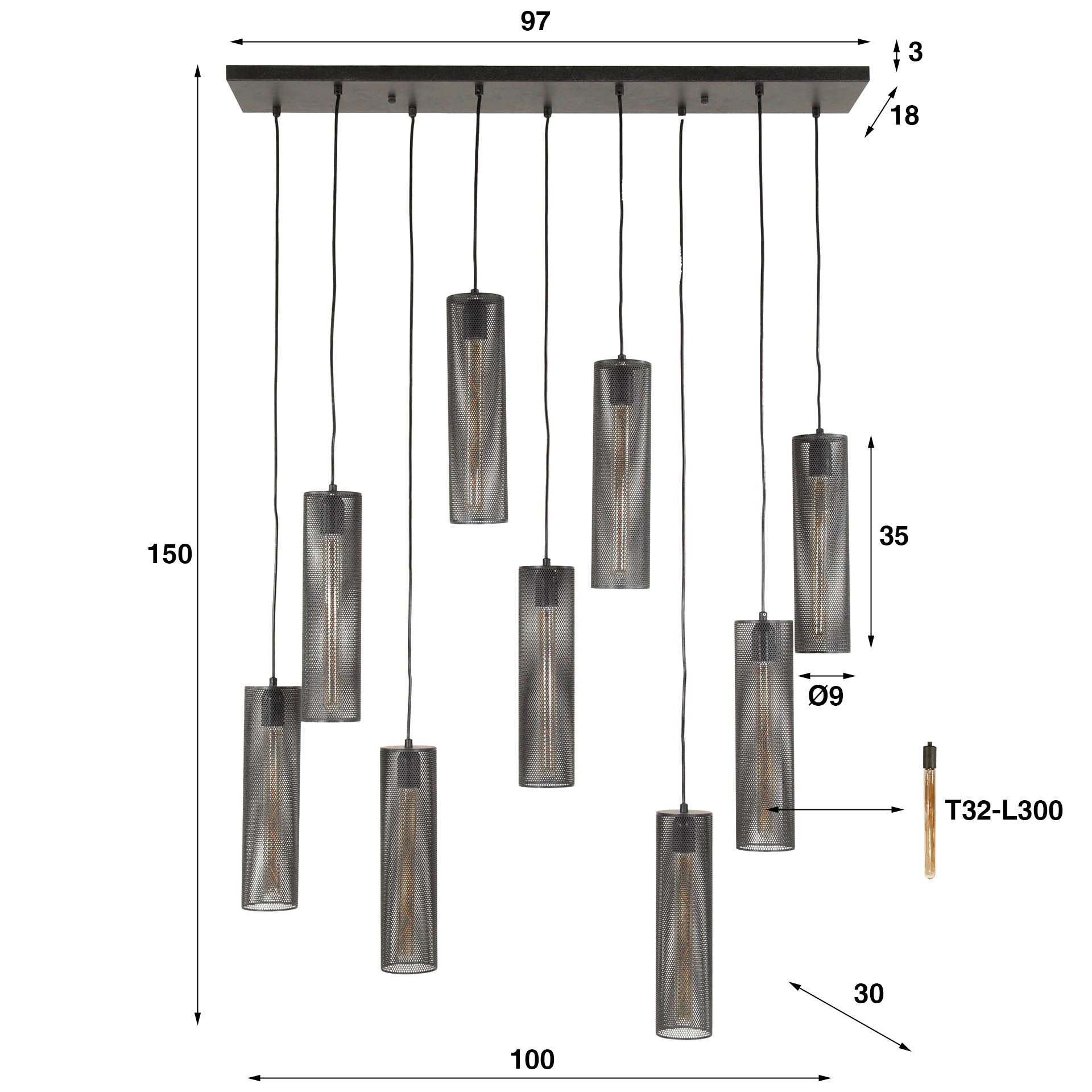 Hanglamp Echelon - 9-lichts - Zwart - Mesh