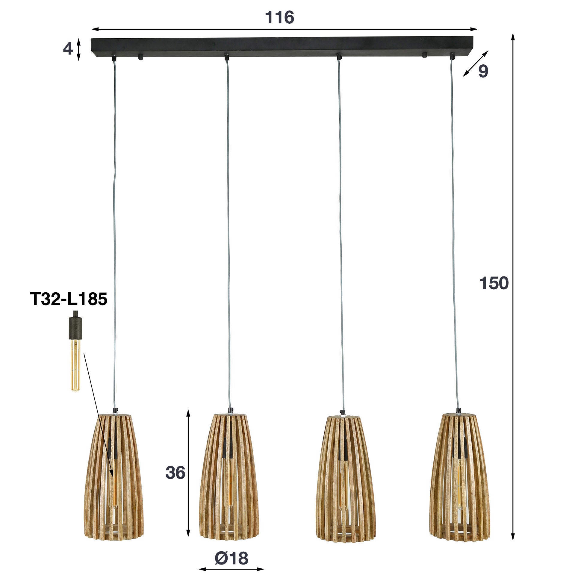 Hanglamp Zain - 3-lichts - Lichtbruin - Mangohout