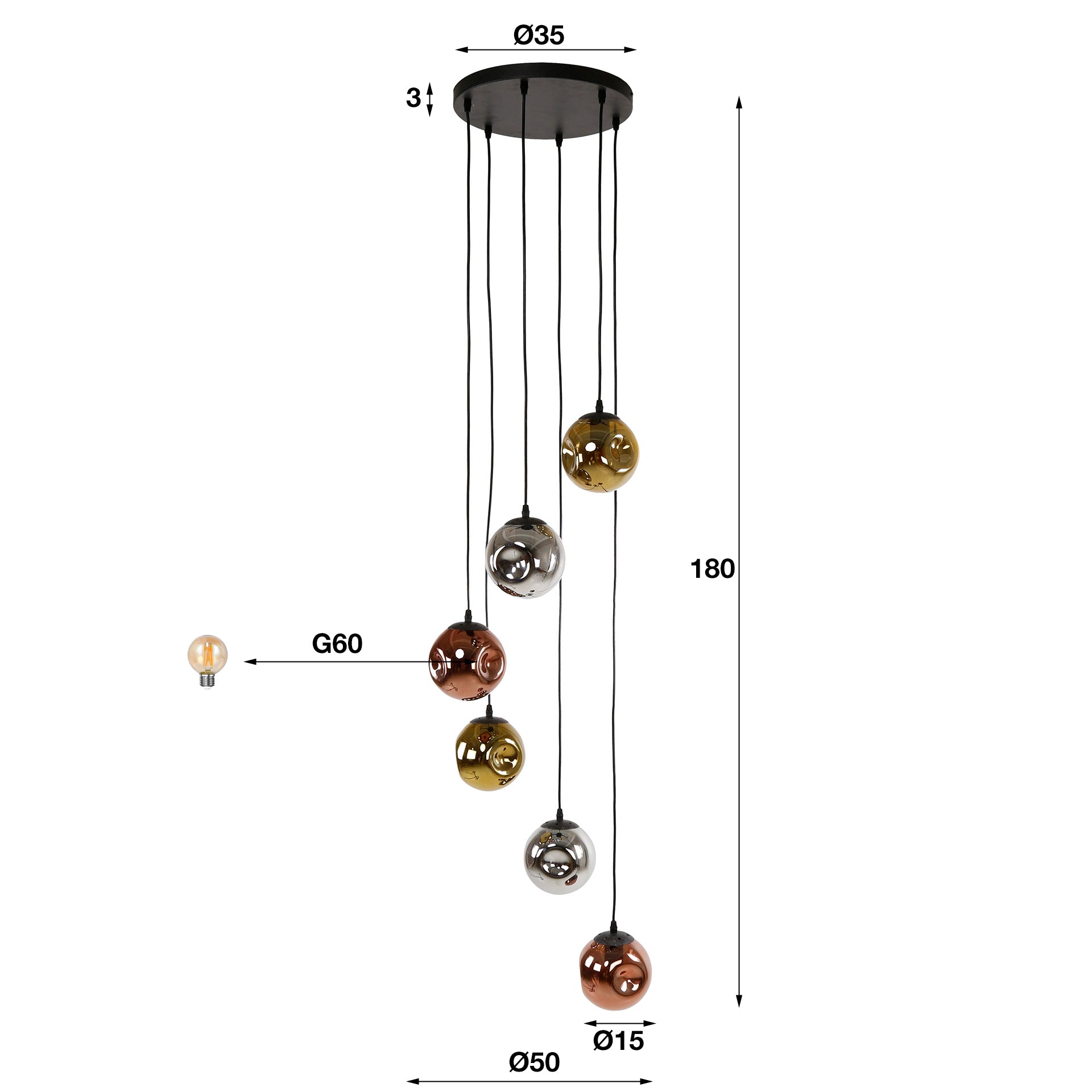 Hanglamp Petra - 6-lichts - Amber Mix - Glas