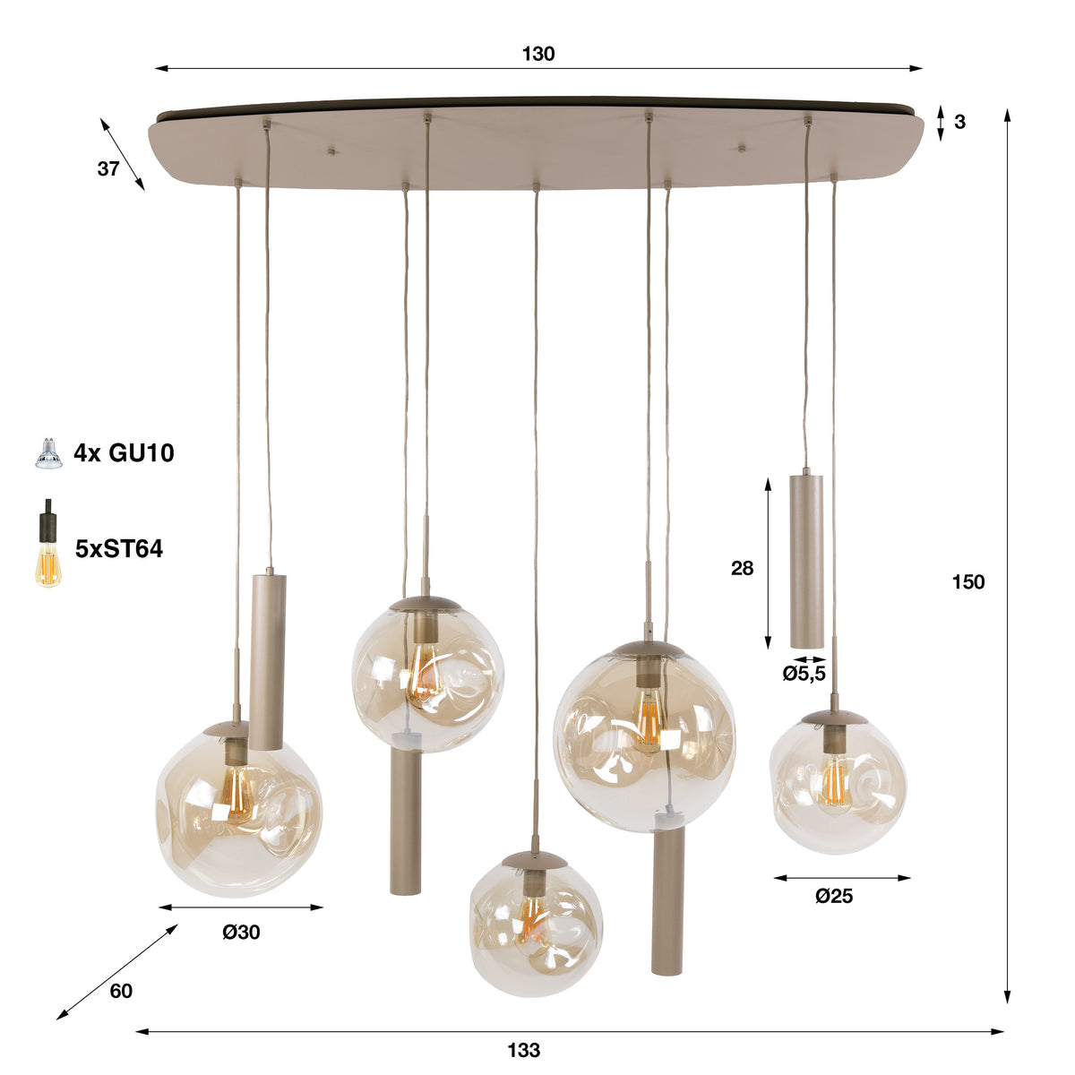 Hanglamp Bellum - 9-lichts - Beige - Amberglas - Glazen Bollen - Met Spots