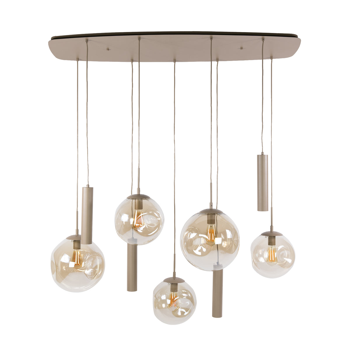 Hanglamp Bellum - 9-lichts - Beige - Amberglas - Glazen Bollen - Met Spots