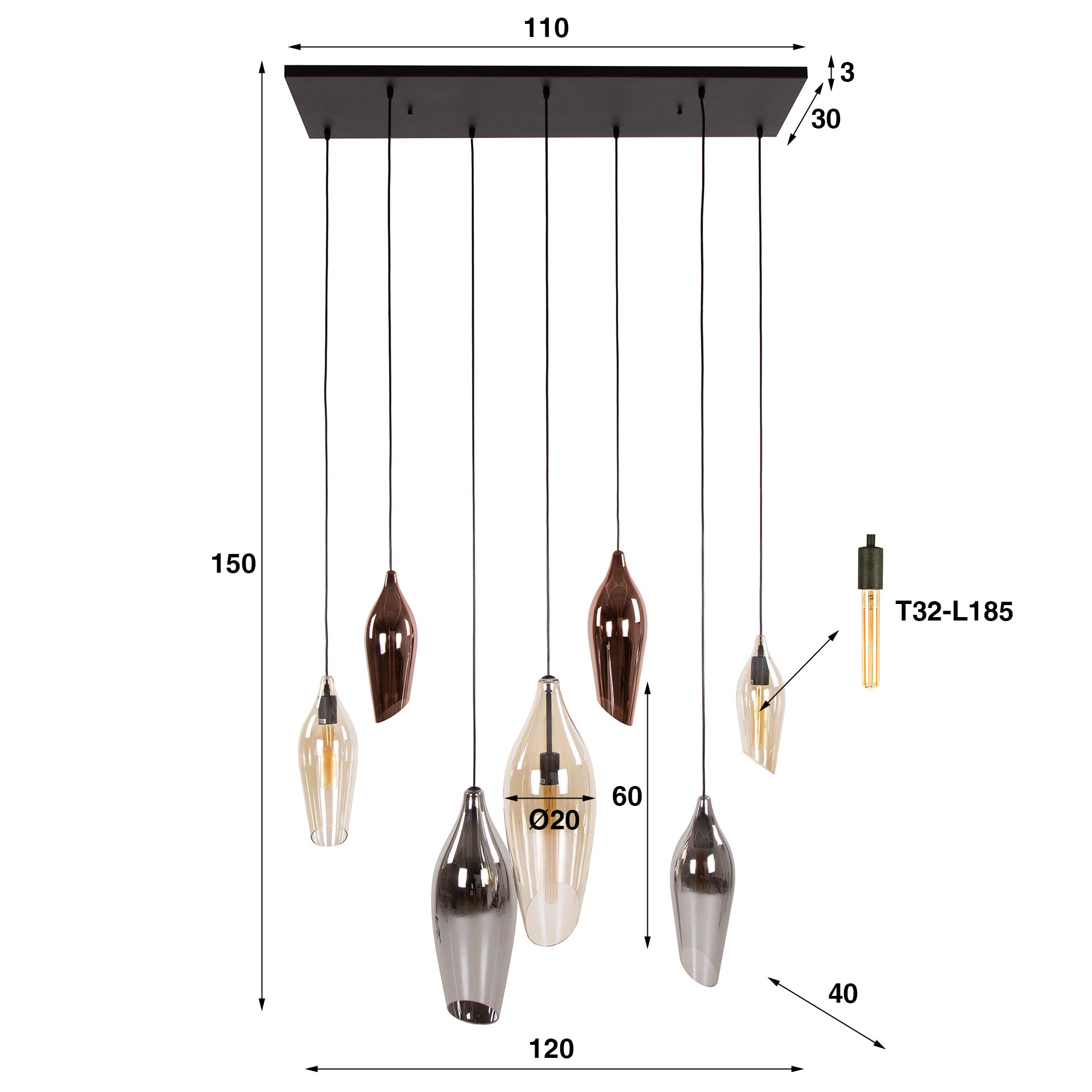 Hanglamp Vivid - 7-lichts - Amber Mix - Glas