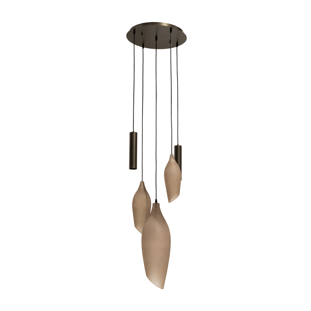 Hanglamp Alune van Meubelista in brons: productbeeld met ronde plafondplaat en vijf lichtpunten.
