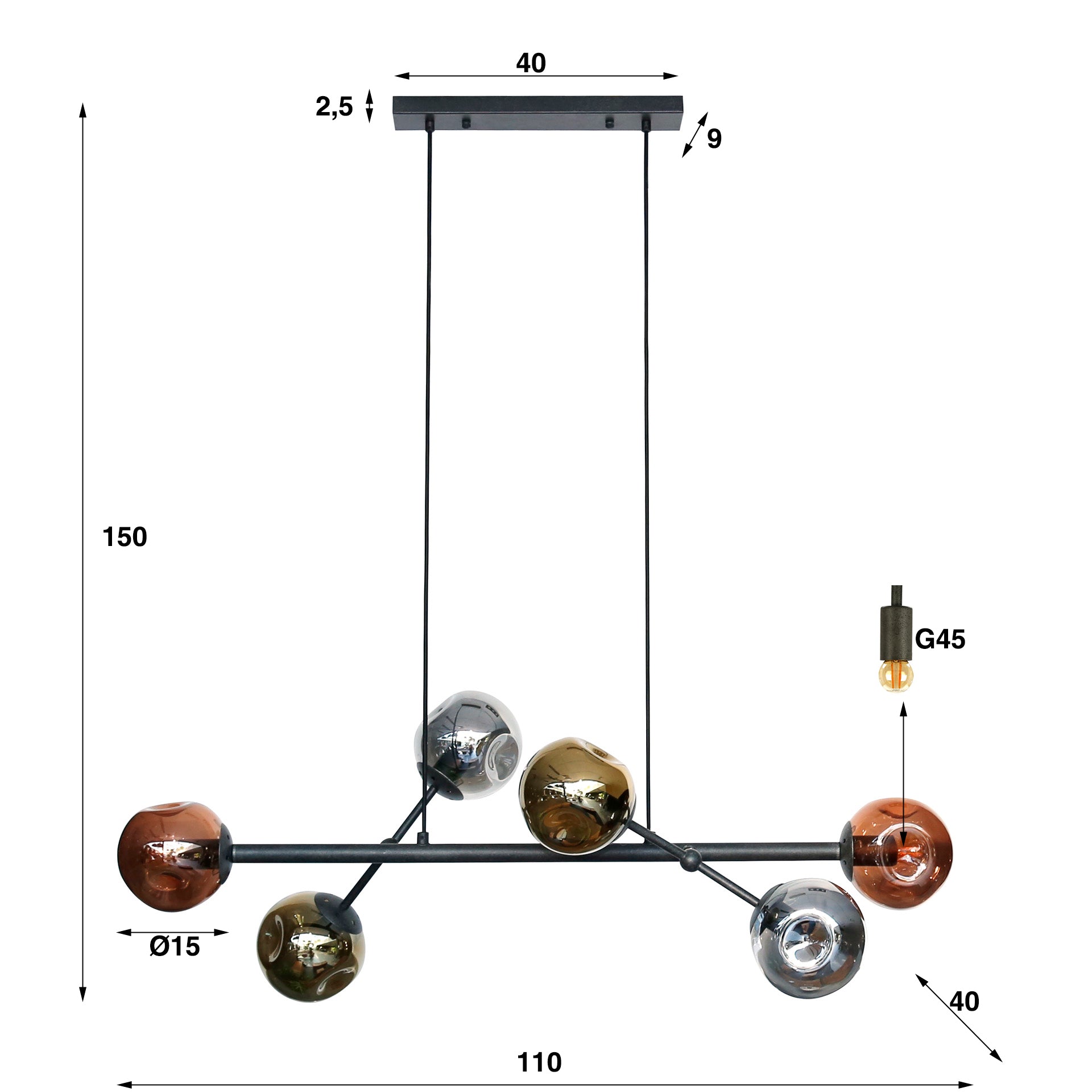 Hanglamp Maven - 6-lichts - Zwart - Glas
