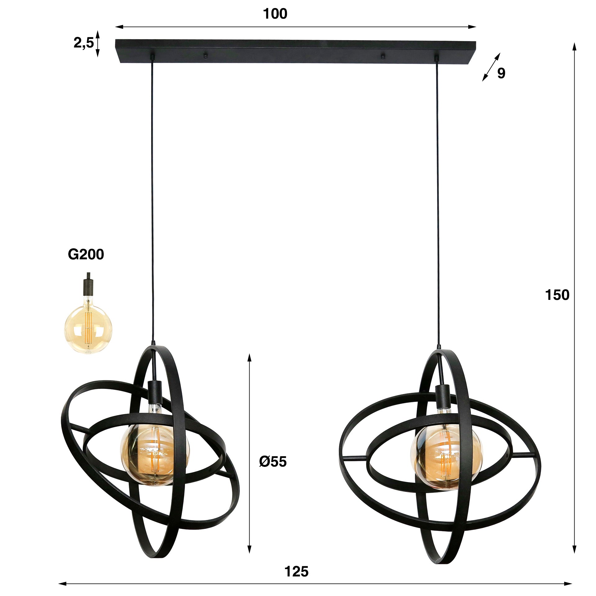 Hanglamp Malin - 2-lichts - Zwart - Metaal