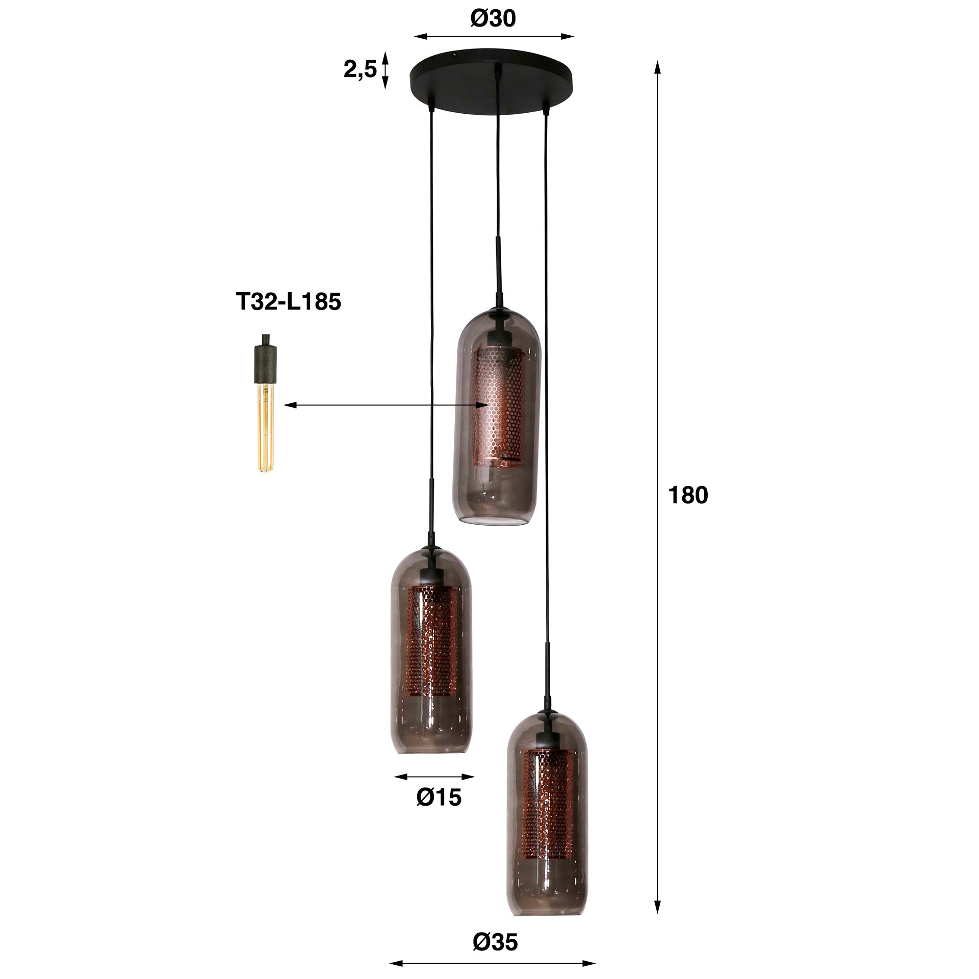 Hanglamp Nyla - 3-lichts - Smoke - Glas