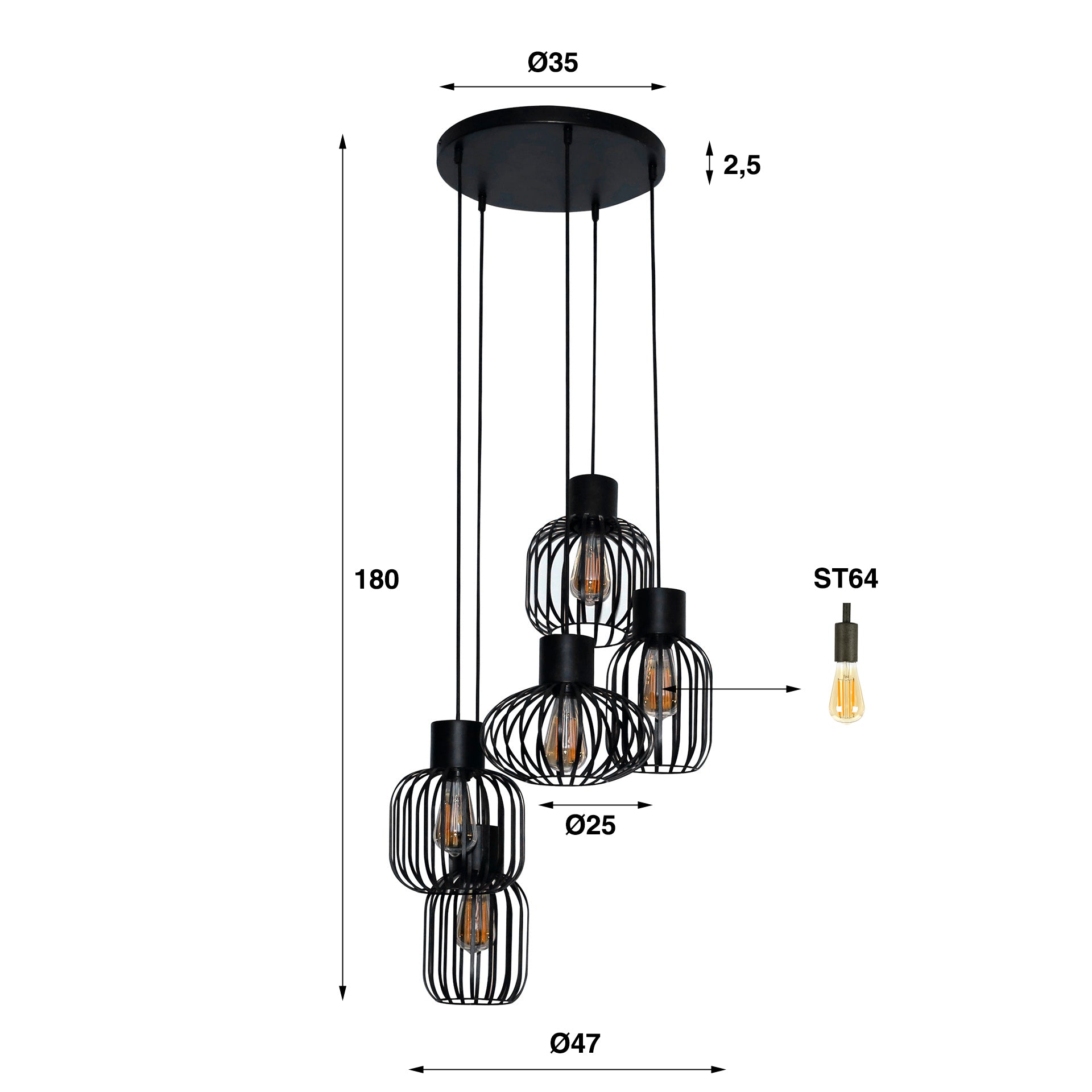 Hanglamp Zara - 5-lichts - Antraciet - Metaal
