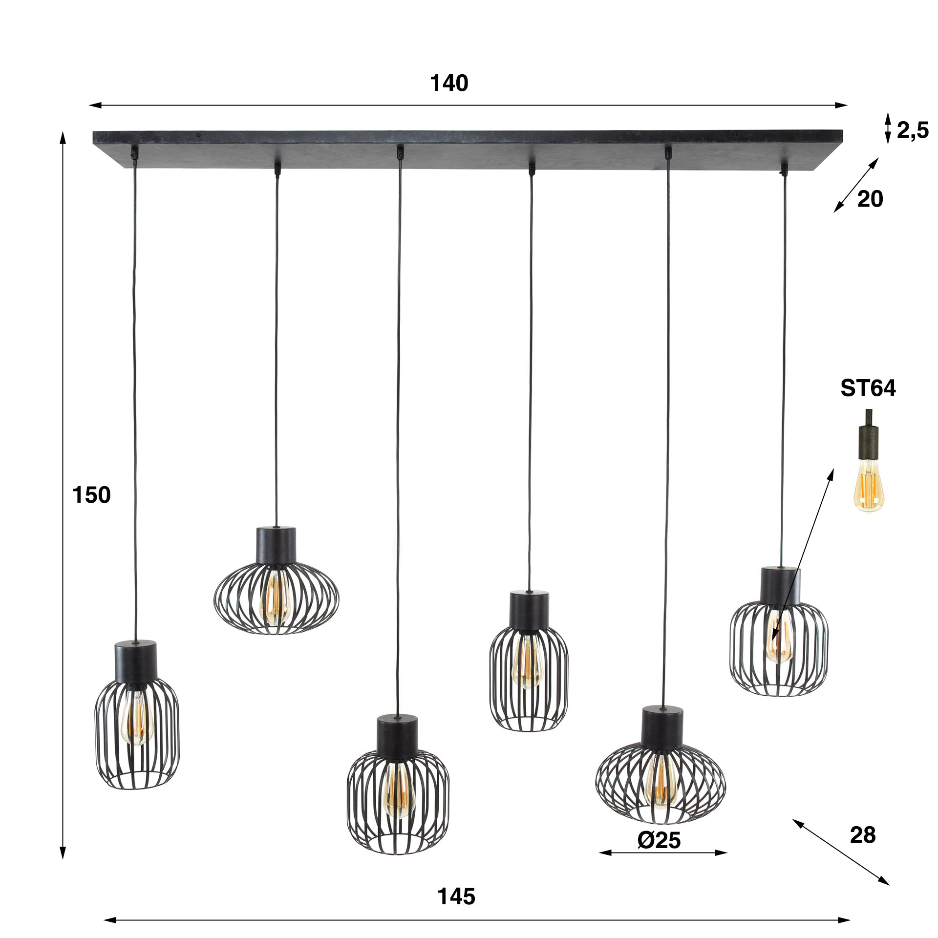 Hanglamp Xenia - 6-lichts - Antraciet - Metaal